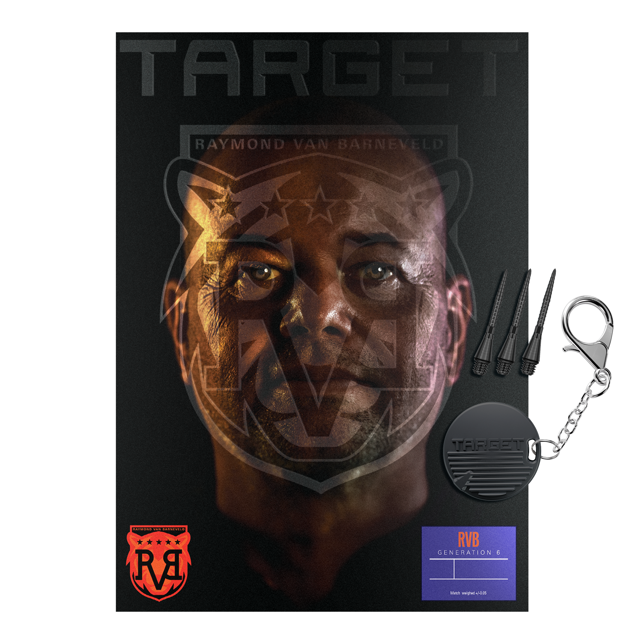 Fléchettes souples Target Raymond Van Barneveld GEN6 Zu sehen sind die Target Raymond Van Barneveld GEN6 Softdarts. Die Darts werden im Detail von der Seite dargestellt.