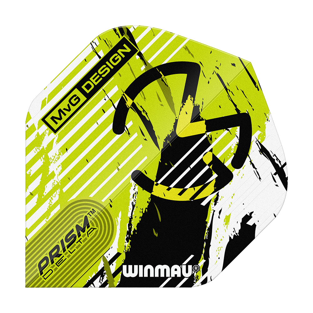 Winmau Delta Michael Van Gerwen Prism 03 Vols standard Das Bild zeigt ein Winmau Delta Michael Van Gerwen Prism 03 Standard Flight. Das Design ist in Gelb, Schwarz und Weiß gehalten und trägt die Aufschrift „MvG Design“ sowie „Prism Delta“.