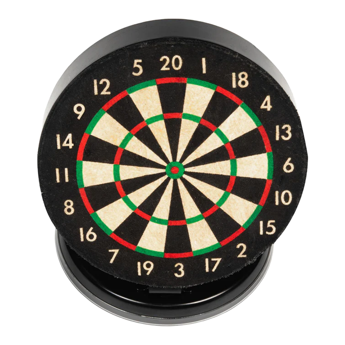 Das Bild zeigt eine kleine, runde Dartscheibe mit farbigen Markierungen und Zahlen. Sie ist als Mini-Desktop-Set gestaltet und eignet sich für den Schreibtisch.