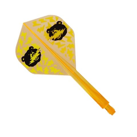 Hache Condor Black Bear Miyu Miyawaki Flight Shaft Orange Néon - Standard Das Bild zeigt einen Dartpfeil-Flug mit einer orangenen Neon-Schafthülse. Auf dem gelben Flight sind zwei Bärenköpfe und gelbe Zickzackmuster abgebildet.