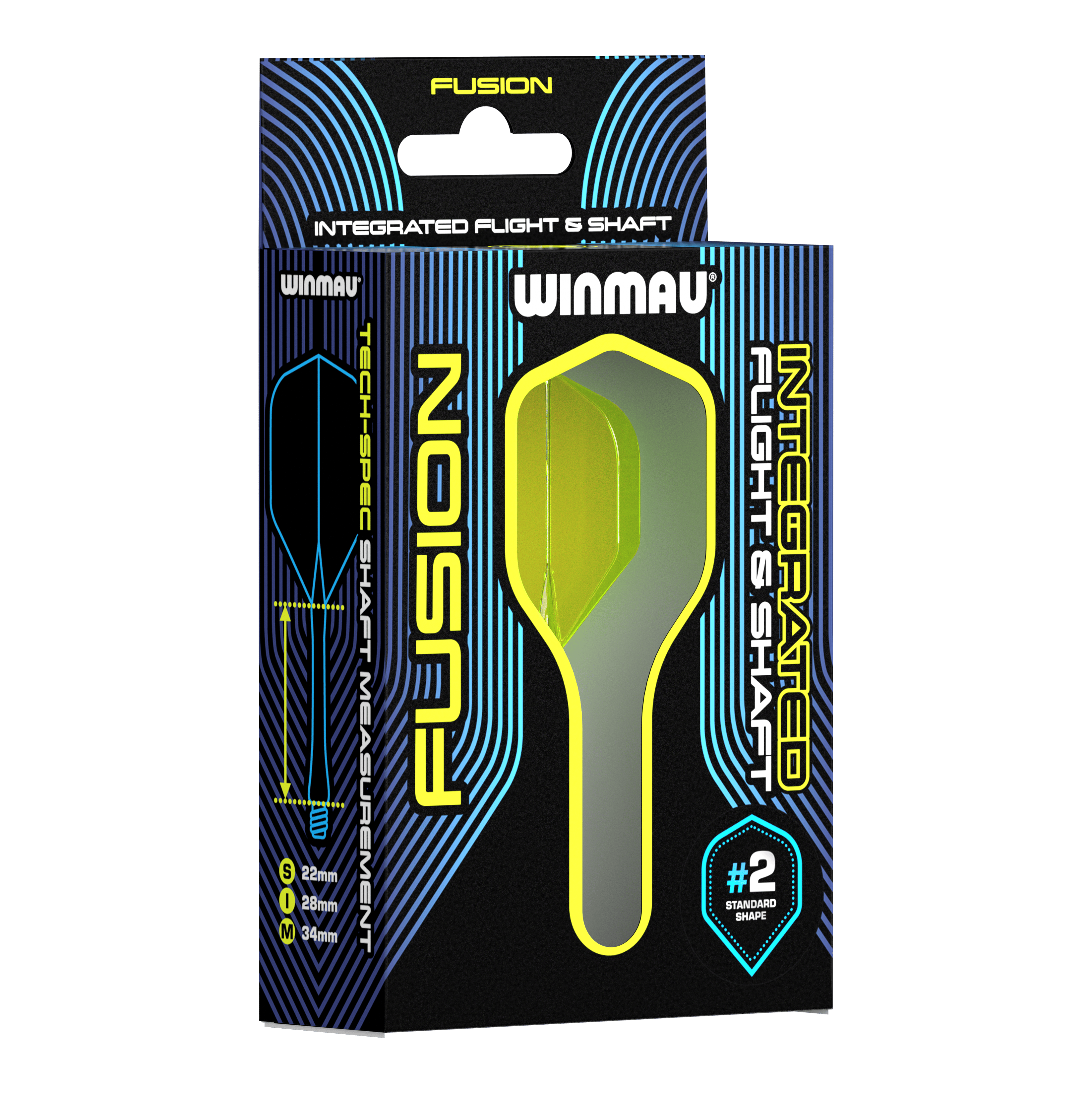 Système d'arbre de vol Winmau Fusion Standard Jaune Auf dem Bild ist eine Verpackung des Winmau Fusion Integrated Flight & Shaft Systems zu sehen. Die abgebildeten Flights und Shafts sind in Gelb und haben eine Länge von 22 mm.
