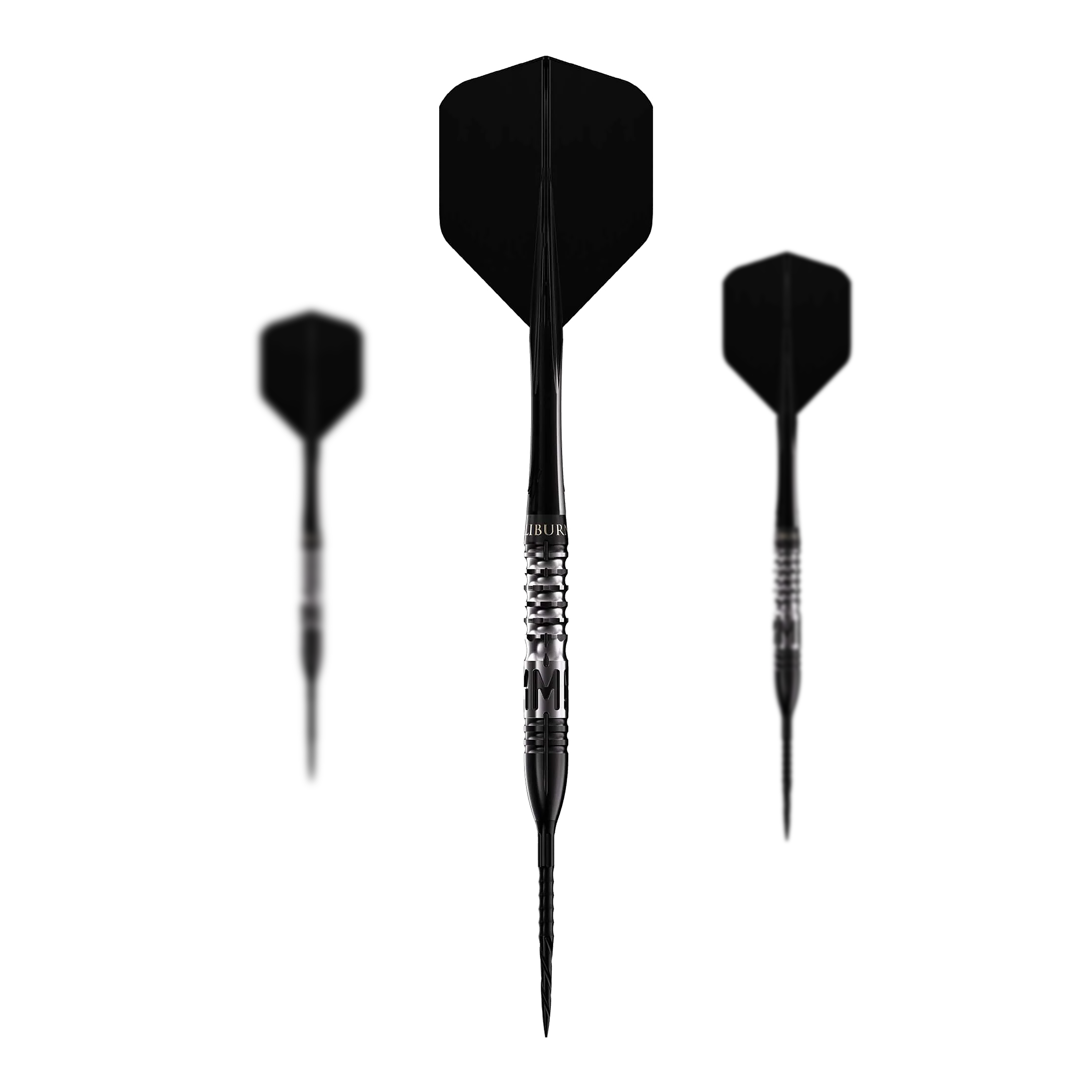 Fléchettes en acier Caliburn Player MAK Das Bild zeigt drei Steeldarts des Produkts „Caliburn Player MAK Steeldarts - 23,5g“. Die Darts sind schwarz und haben ein geriffeltes Griffstück für besseren Halt.
