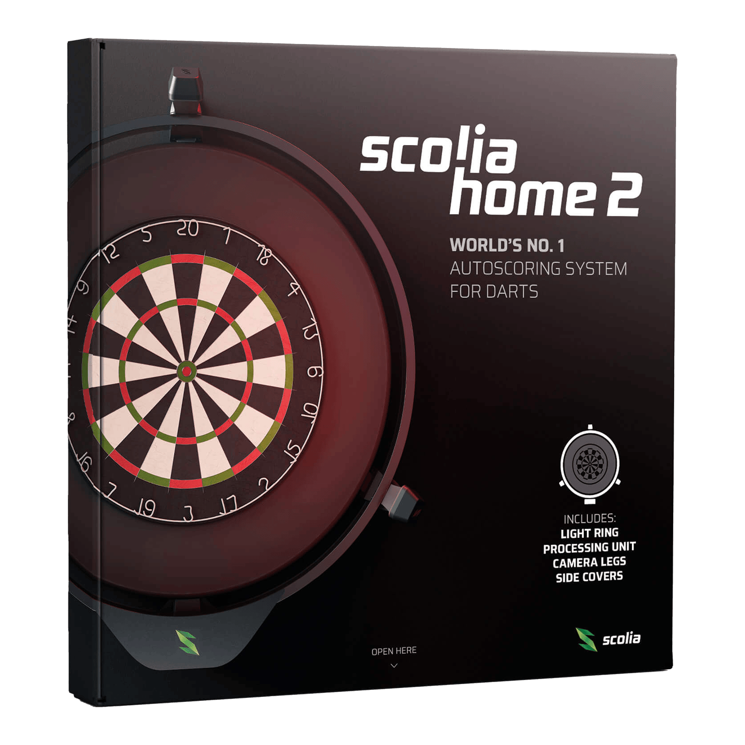 Système de notation électronique Scolia Home 2 avec anneau lumineux 2026 Auf dem Bild ist die Verpackung des Produkts "Scolia Home 2 Electronic Score System mit Beleuchtungsring" zu sehen. Es handelt sich um ein automatisches Zählsystem für Dartspiele mit Licht, Kamerabeinen und Abdeckungen.