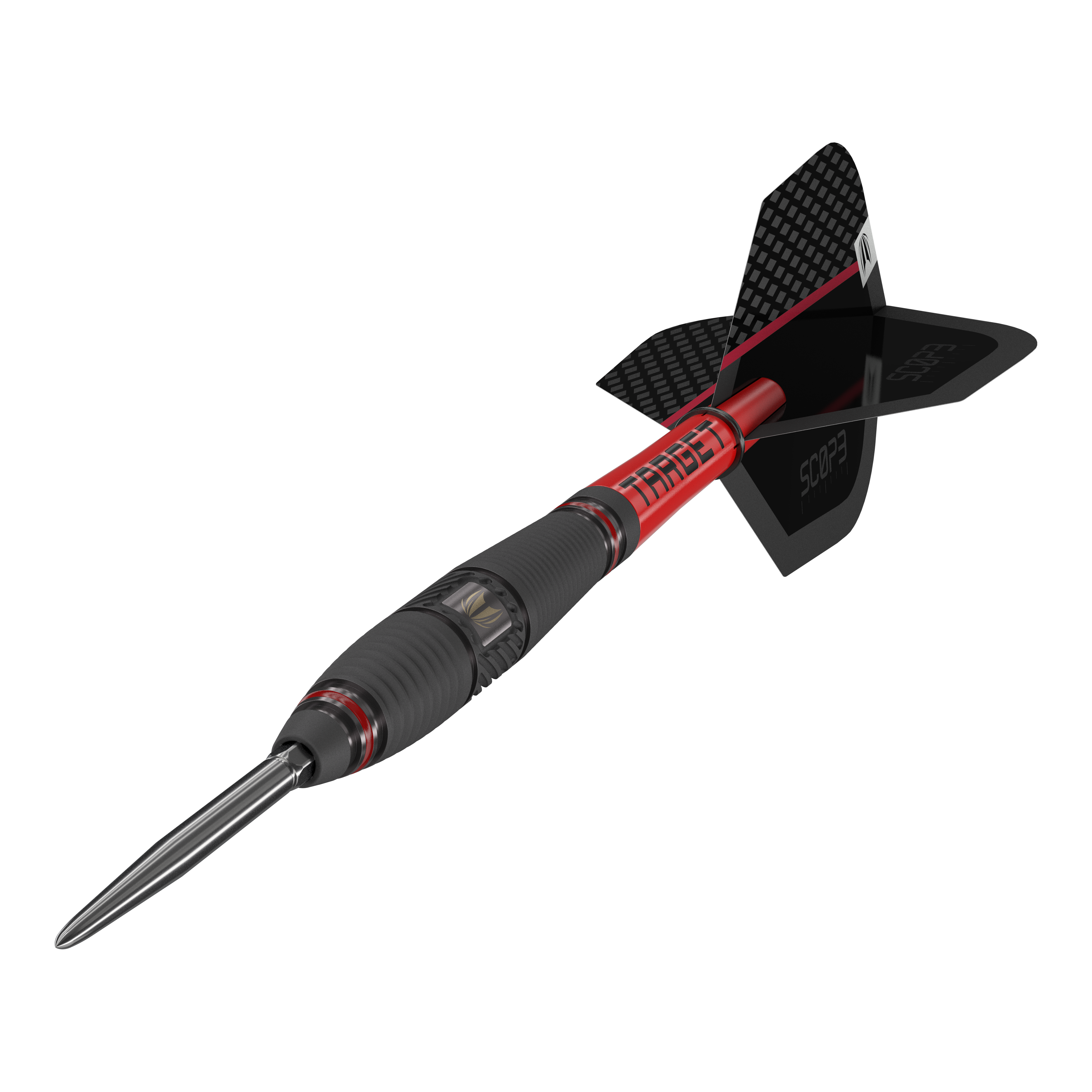 Fléchettes en acier Target Scope 03 Swiss Point Das Bild zeigt einen Target Scope 03 Swiss Point Steeldart mit schwarzem und rotem Design. Der Dartpfeil hat eine stabile Stahlspitze und aerodynamische Flügel.