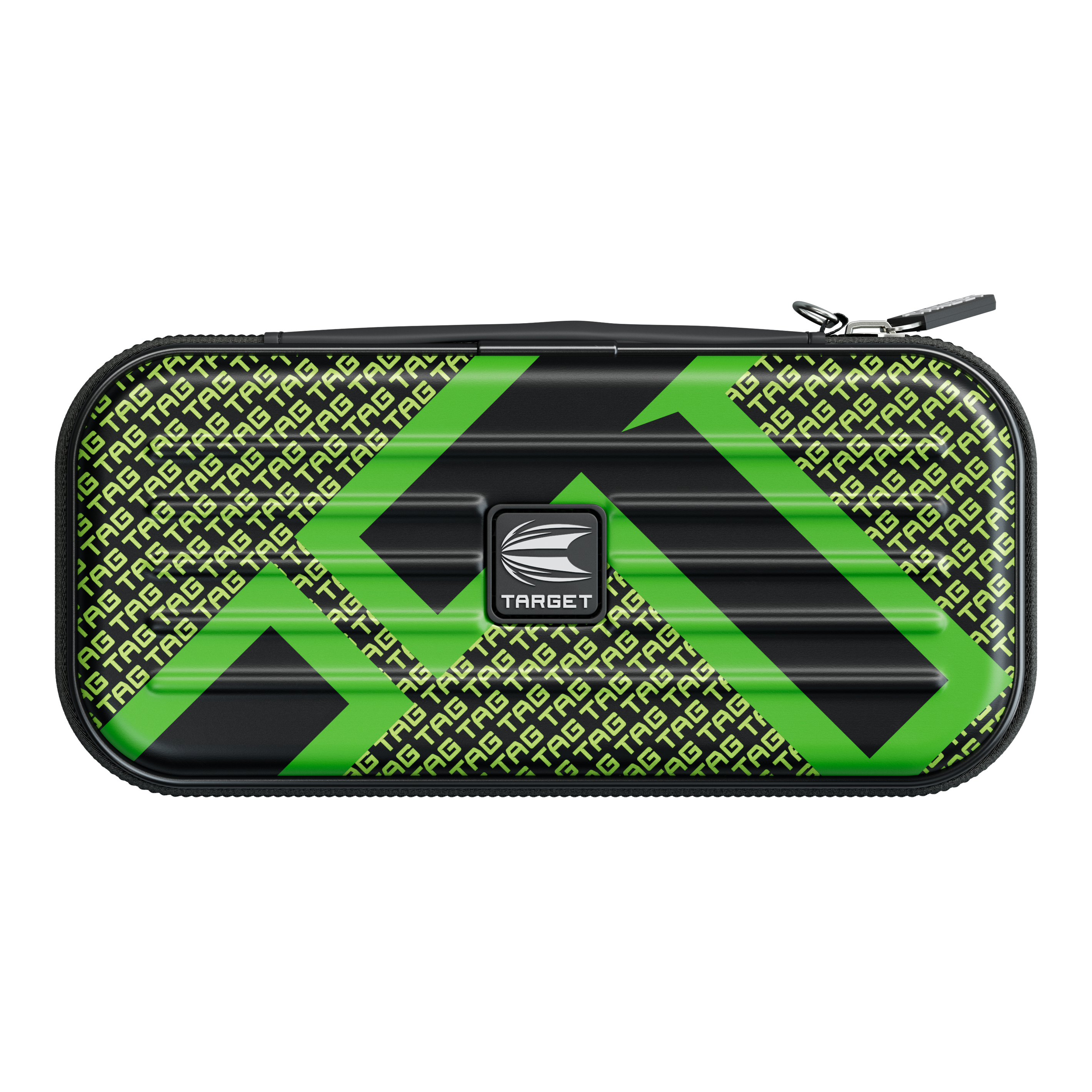 Étui à fléchettes Target Takoma TAG Das Bild zeigt ein Dartcase mit einem auffälligen grünen und schwarzen Design. In der Mitte befindet sich ein Logo mit der Aufschrift "TARGET".