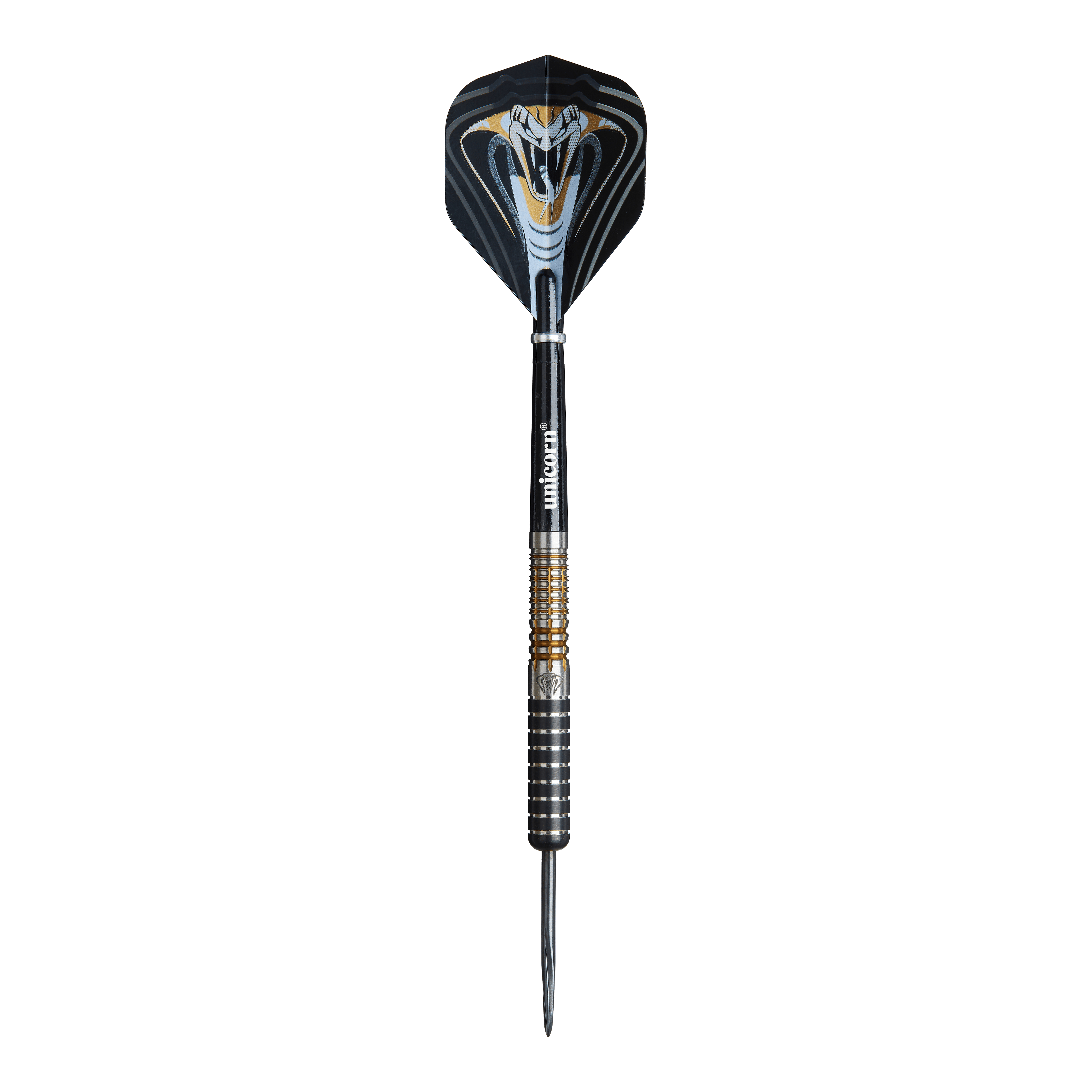 Fléchettes en acier Unicorn Maestro Jeffrey De Zwaan Phase 3 Das Bild zeigt einen Unicorn Maestro Jeffrey De Zwaan Phase 3 Steeldart. Der Dart ist schwarz mit silbernen und goldenen Akzenten und zeigt ein auffälliges Schlangendesign auf dem Flight.