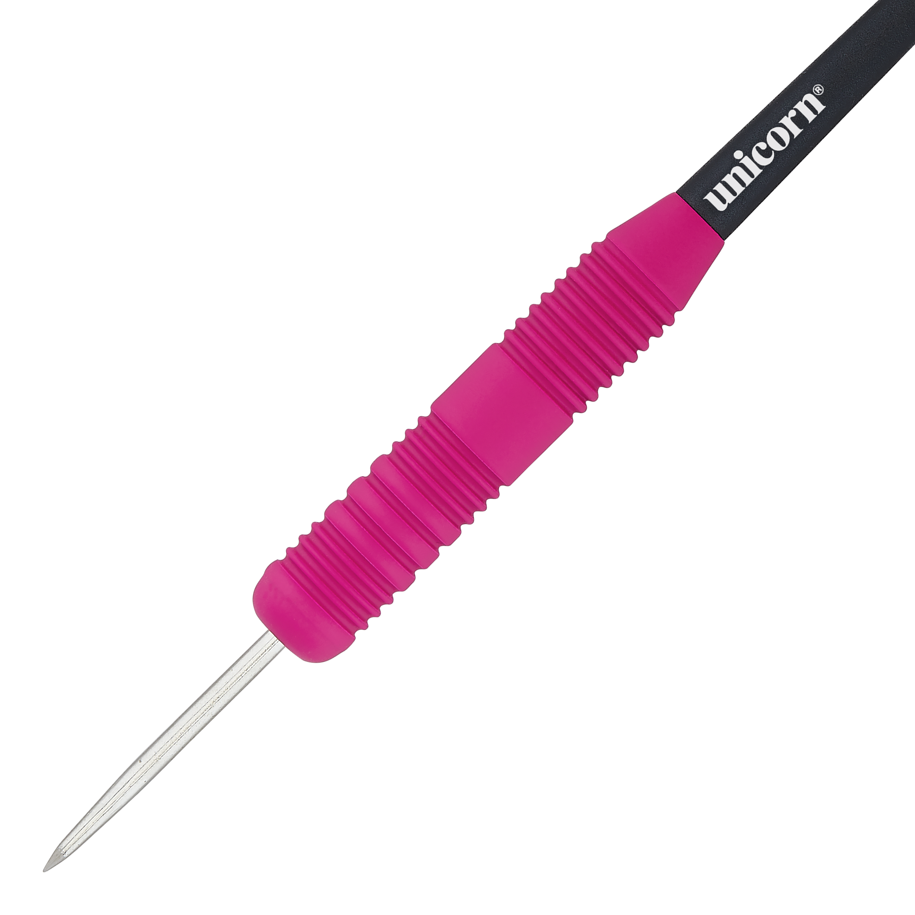 Fléchettes Unicorn Core Plus en acier rose caoutchouté Das Bild zeigt einen Unicorn Core Plus Steeldart mit einem gummierten, pinken Griff. Der Dart hat eine silberne Spitze und einen schwarzen Schaft mit dem weißen "unicorn"-Logo.