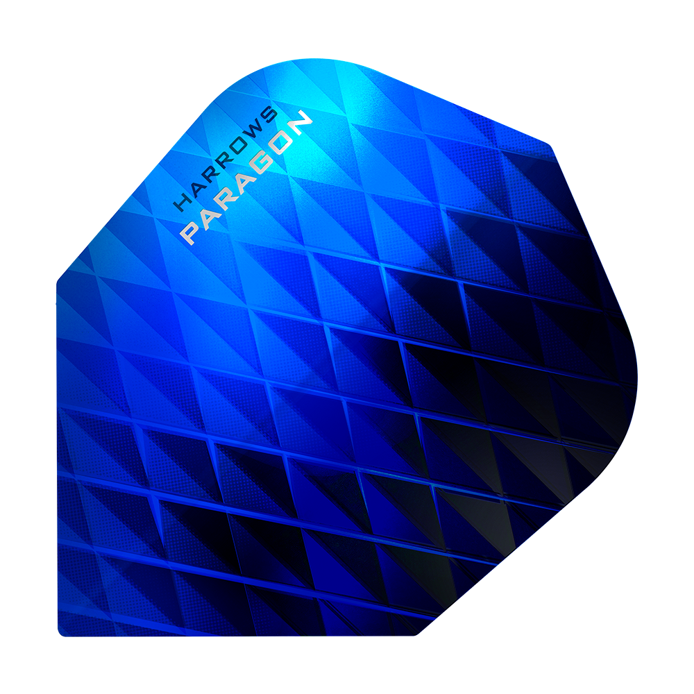 HR7601_Harrows_Paragon_Blue_No2_Standard_Flights_1 Das Bild zeigt das Produkt "Harrows Paragon Blue No2 Standard Flights". Es handelt sich um ein Dart-Flugblatt mit einem auffälligen blauen, geometrischen Muster.