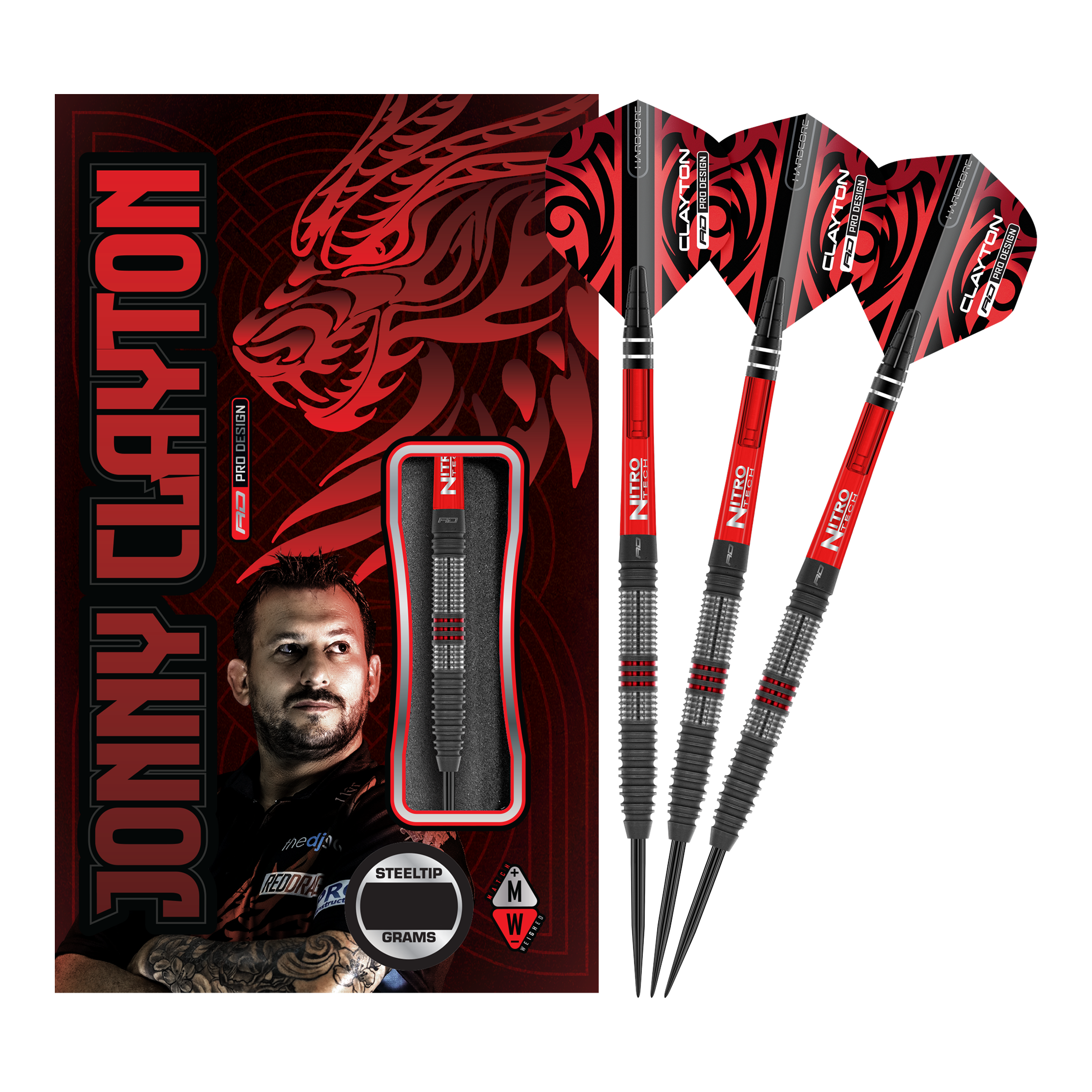 Fléchettes en acier Red Dragon Jonny Clayton Hiraeth Das Bild zeigt das Produkt "Red Dragon Jonny Clayton Hiraeth Steeldarts" mit drei Steeldarts und einer auffälligen Verpackung. Auf der Verpackung sind ein Porträt von Jonny Clayton und ein roter Drachen abgebildet.