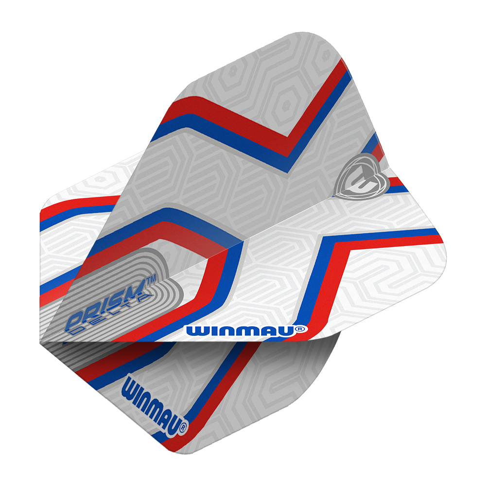Vols standard Winmau Prism Delta Epix No2 Das Bild zeigt die Winmau Prism Delta Epix No2 Standard Flights. Die Flights sind hauptsächlich weiß mit roten und blauen Streifen sowie dem Winmau-Logo.
