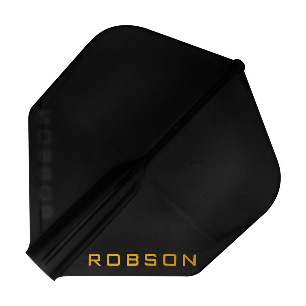 Vols Robson Plus - Standard Dies ist ein schwarzes Dartflight mit der Aufschrift "ROBSON" in gelber Farbe. Das Flight hat eine Standardform und wirkt robust.