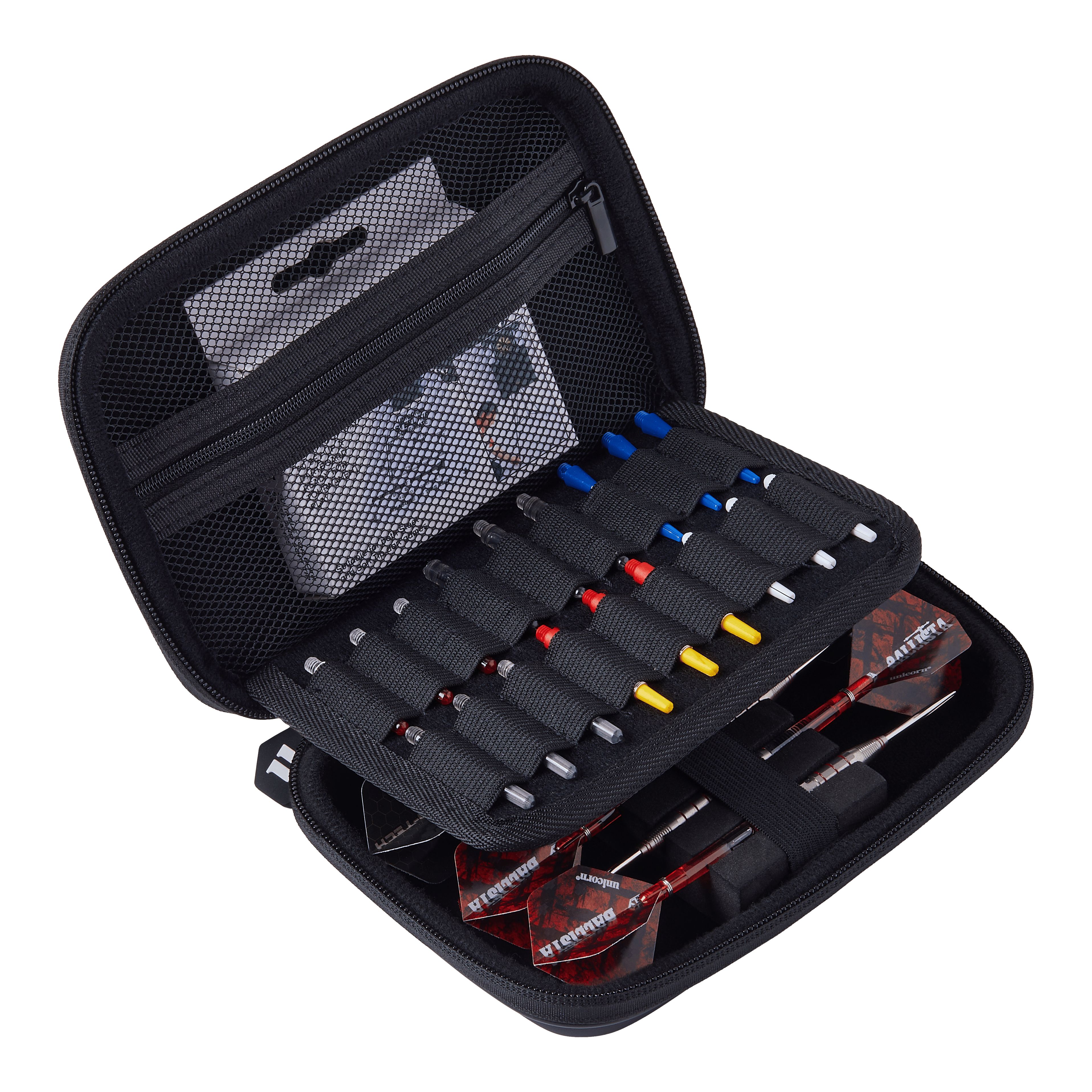 Portefeuille de fléchettes Unicorn Ultra Gary Anderson Das Bild zeigt das Produkt "Unicorn Ultra Gary Anderson Dartwallet". Das Dartwallet ist offen und enthält mehrere Ersatzteile sowie zwei zusammengebaute Darts.