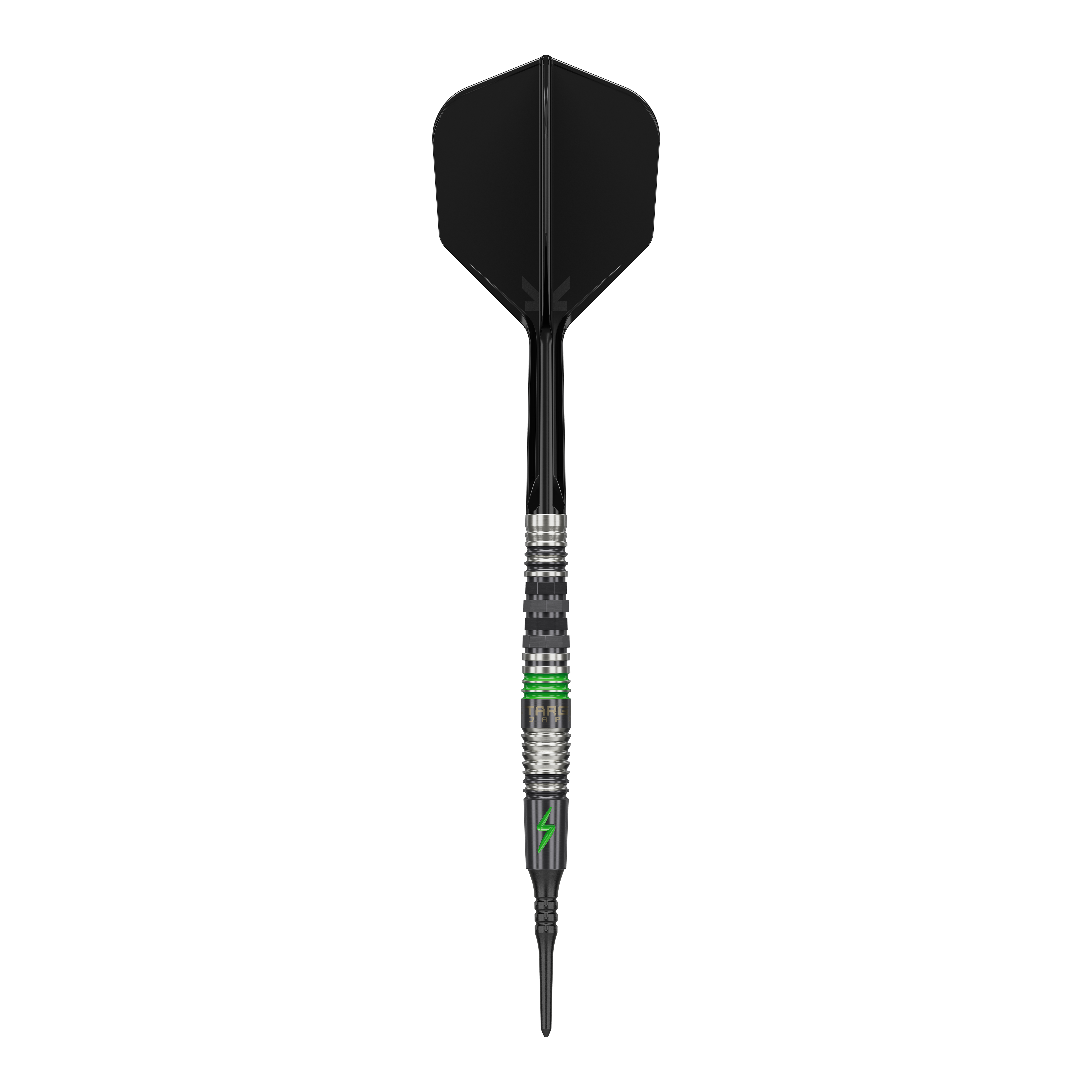 Fléchettes souples Target Japan Black Marque Lightning 3 - 19 g Dieses Bild zeigt einen Softdart mit dem Namen "Target Japan Black Marque Lightning 3" mit einem Gewicht von 19g. Der Dart ist überwiegend schwarz mit silbernen und grünen Akzenten gestaltet.