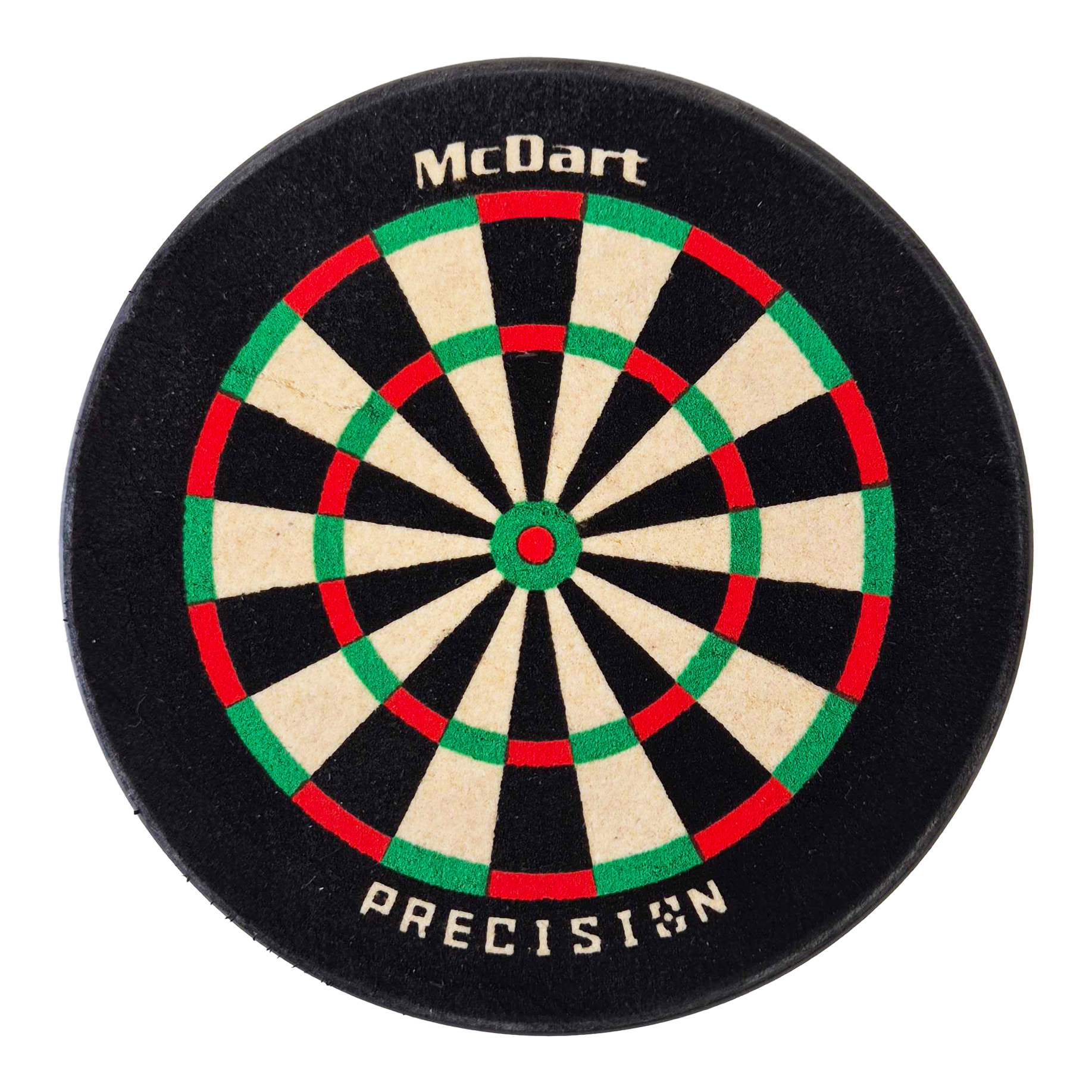 Porte-fléchettes McDart Precision Mini Dartboard Das Bild zeigt eine kleine, runde Dartscheibe mit der Aufschrift „McDart“ und „PRECISION“. Die Scheibe hat die klassischen Farben Weiß, Schwarz, Rot und Grün.