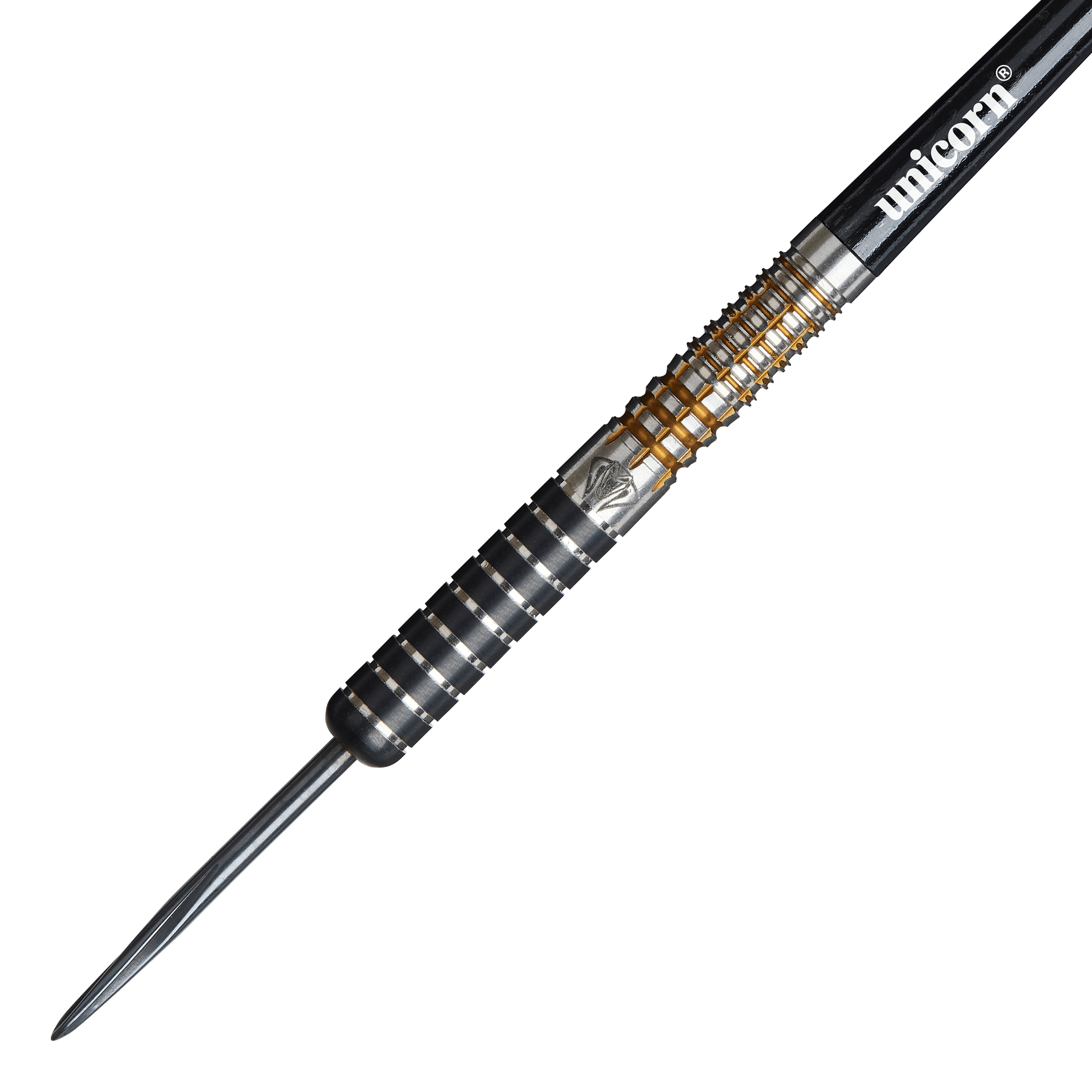 Fléchettes en acier Unicorn Maestro Jeffrey De Zwaan Phase 3 Das Bild zeigt einen Unicorn Maestro Jeffrey De Zwaan Phase 3 Steeldart. Der Dart hat ein silber-schwarzes Design mit goldenen Akzenten und der Aufschrift "unicorn" auf dem Schaft.