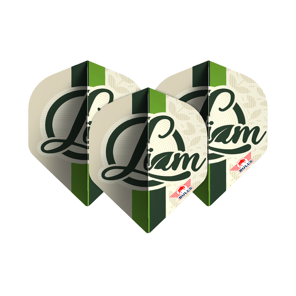 Bulls NL Joueur 100 Liam Maendl Lawrance No2 Vols Standard Das Bild zeigt drei Dart-Flights mit dem Namen "Liam" in grüner Schrift darauf. Unten rechts befindet sich das rote Bulls NL Logo.