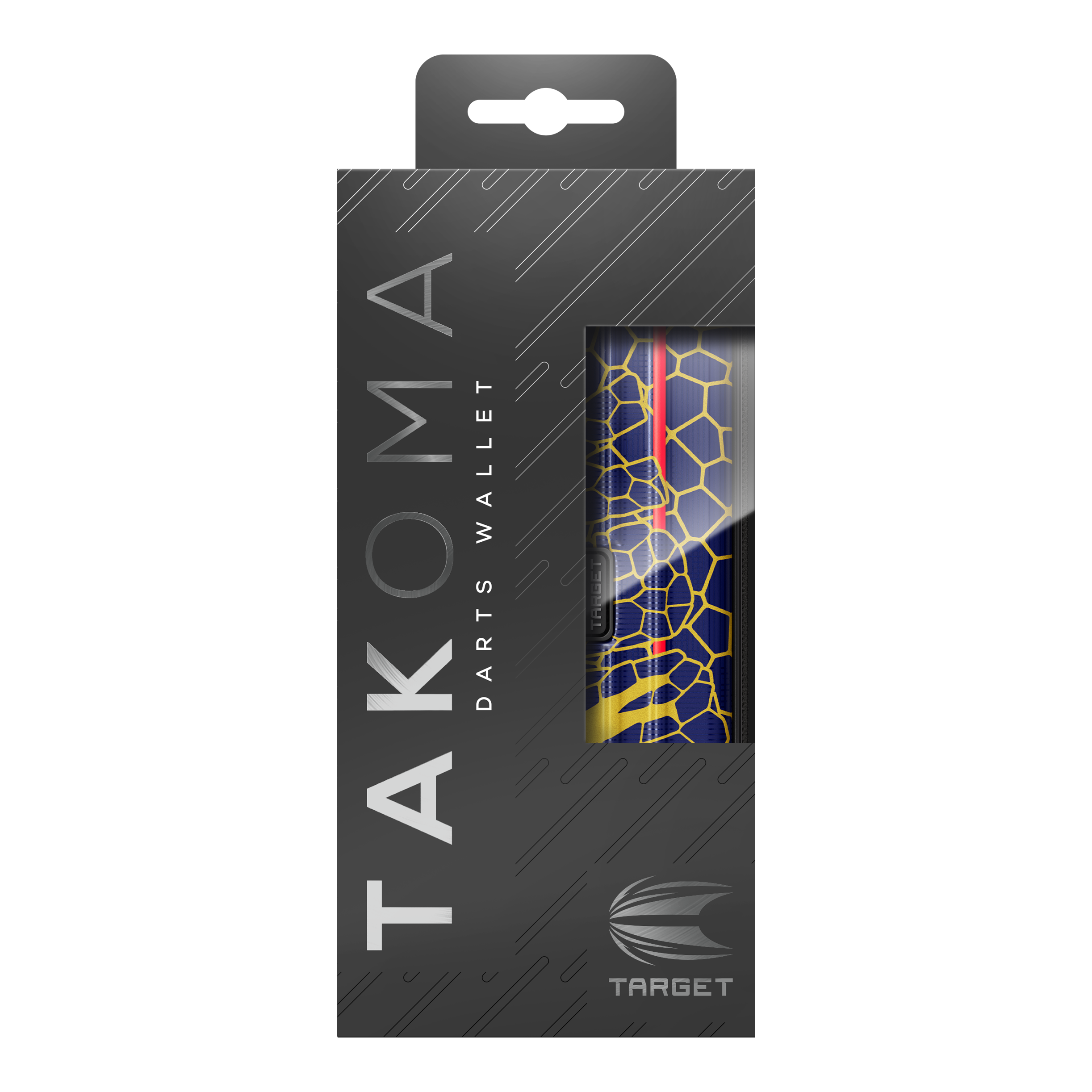 Étui à fléchettes Target Takoma Josh Rock Dies ist das Target Takoma Josh Rock Dartcase in einer eleganten schwarzen Verpackung. Durch das Sichtfenster sieht man das Design des Dartcases mit einem blauen und gelben Wabenmuster.
