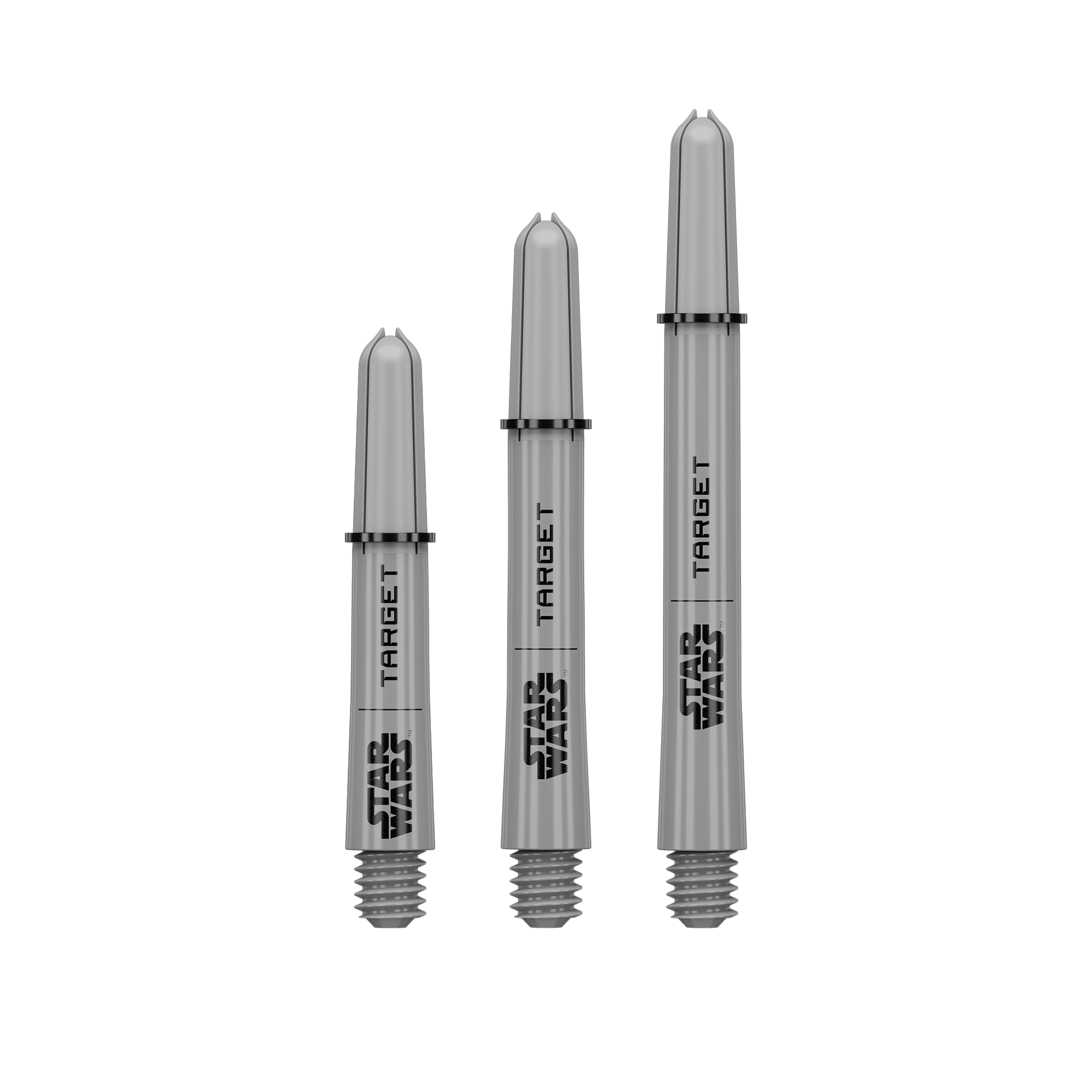 Abgebildet sind Target Star Wars ProGrip Shafts - Grau. Die grauen Dartschäfte eignen sich für präzise Würfe.