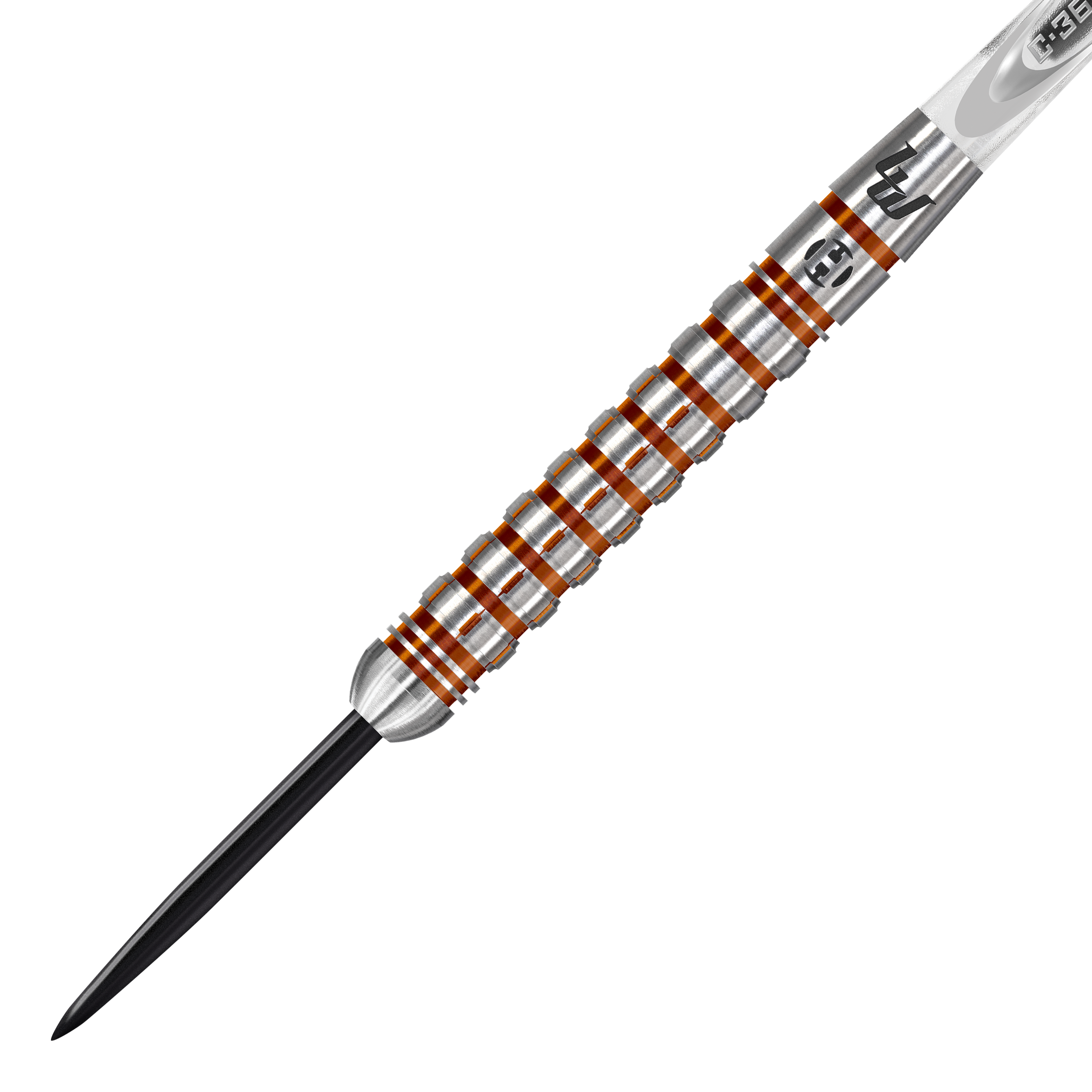 Fléchettes en acier Luke Woodhouse série 2 de Harrow Das Bild zeigt einen Harrows Luke Woodhouse Series 2 Steeldart. Der Dartpfeil hat ein silbernes Griffstück mit orangenen Rillen und eine schwarze Spitze.