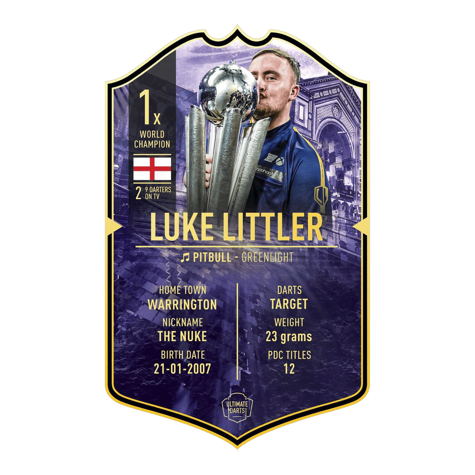 Carte Ultimate Darts - Luke Littler, champion du monde 2025 Die Abbildung zeigt die „Ultimate Darts Card - Luke Littler World Champion“. Auf der Karte ist Luke Littler mit seiner Trophäe sowie wichtige Informationen über ihn abgebildet.