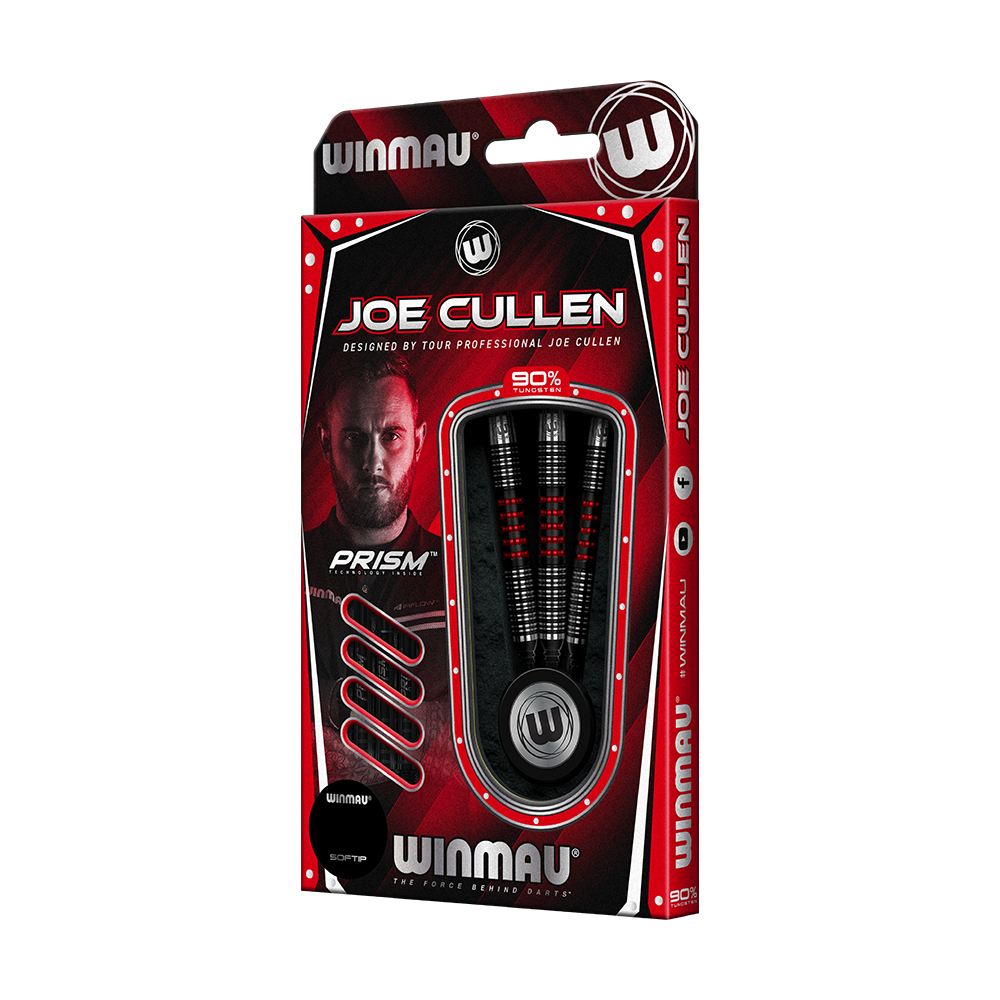 2443_Winmau_Joe_Cullen_90_Softdarts_3 Auf dem Bild ist eine Verpackung der "Winmau Joe Cullen Softdarts" zu sehen. Die Darts sind in einer rot-schwarzen Schachtel mit dem Bild eines Spielers und dem Namen "Joe Cullen" abgebildet.