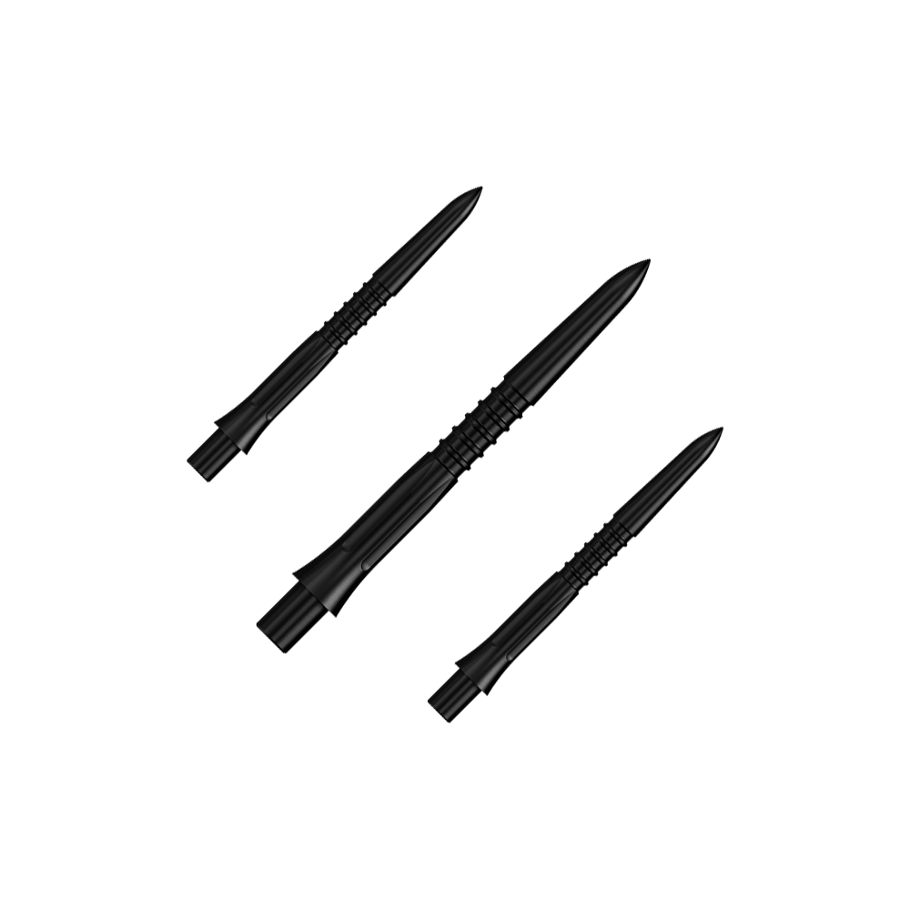 Ein Set von schwarzen Steeldartspitzen mit 26 mm Länge. Auf dem Bild sieht man mehrere Spitzen aus der Misson Caliburn EVO GV1 Reihe.