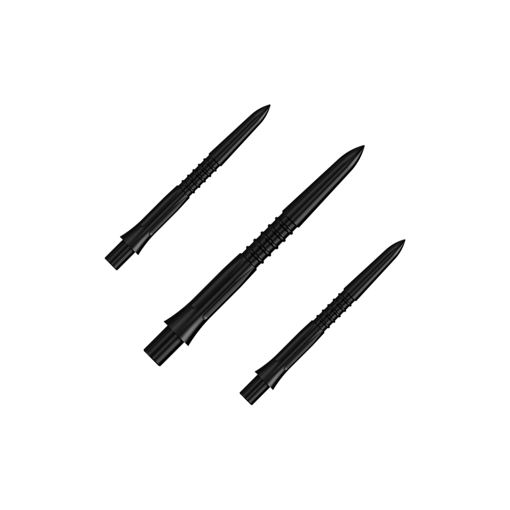 Embouts de fléchettes Mission Caliburn EVO GV1 - Noirs Ein Set von schwarzen Steeldartspitzen mit 26 mm Länge. Auf dem Bild sieht man mehrere Spitzen aus der Misson Caliburn EVO GV1 Reihe.