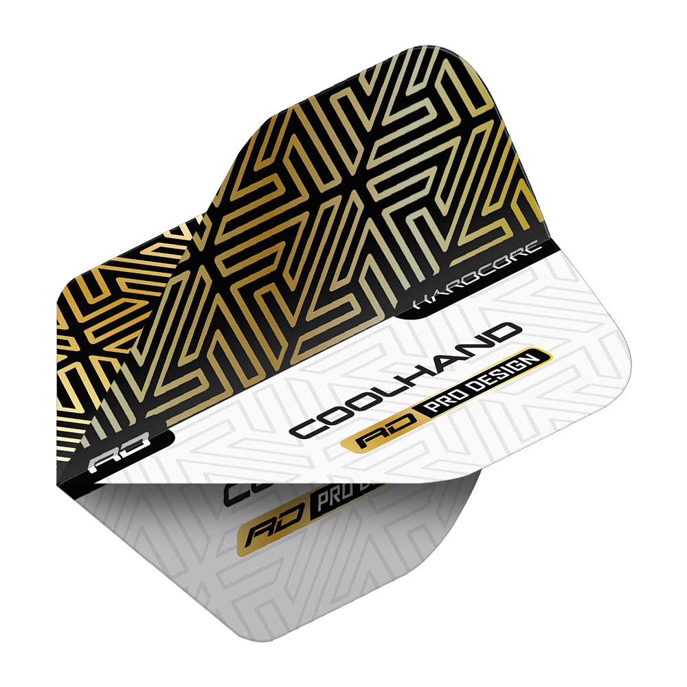 Vols Red Dragon Hardcore Luke Humphries Gold White Premium Standard Das Bild zeigt ein Dartflight mit einem gold-schwarzen und weißen geometrischen Muster. Auf dem Flight stehen die Wörter "COOLHAND", "RD PRO DESIGN" und "HARDCORE".