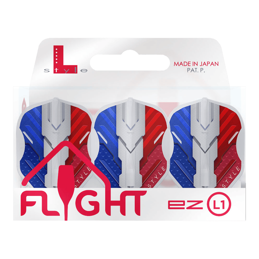 Vols L-Style V-Series V1 Type B France Blanc Transparent L1EZ Das Bild zeigt eine Packung L-Style V-Series V1 Type B France Clear White L1EZ Flights. Die Flights sind in den Farben Blau, Weiß und Rot gestaltet und werden in Japan hergestellt.