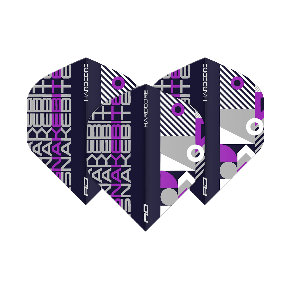 Das Bild zeigt drei Dart Flights der Marke "Red Dragon Hardcore Snakebite" in Schwarz und Lila. Das Design ist modern mit geometrischen Mustern und der Aufschrift "SNAKEBITE".