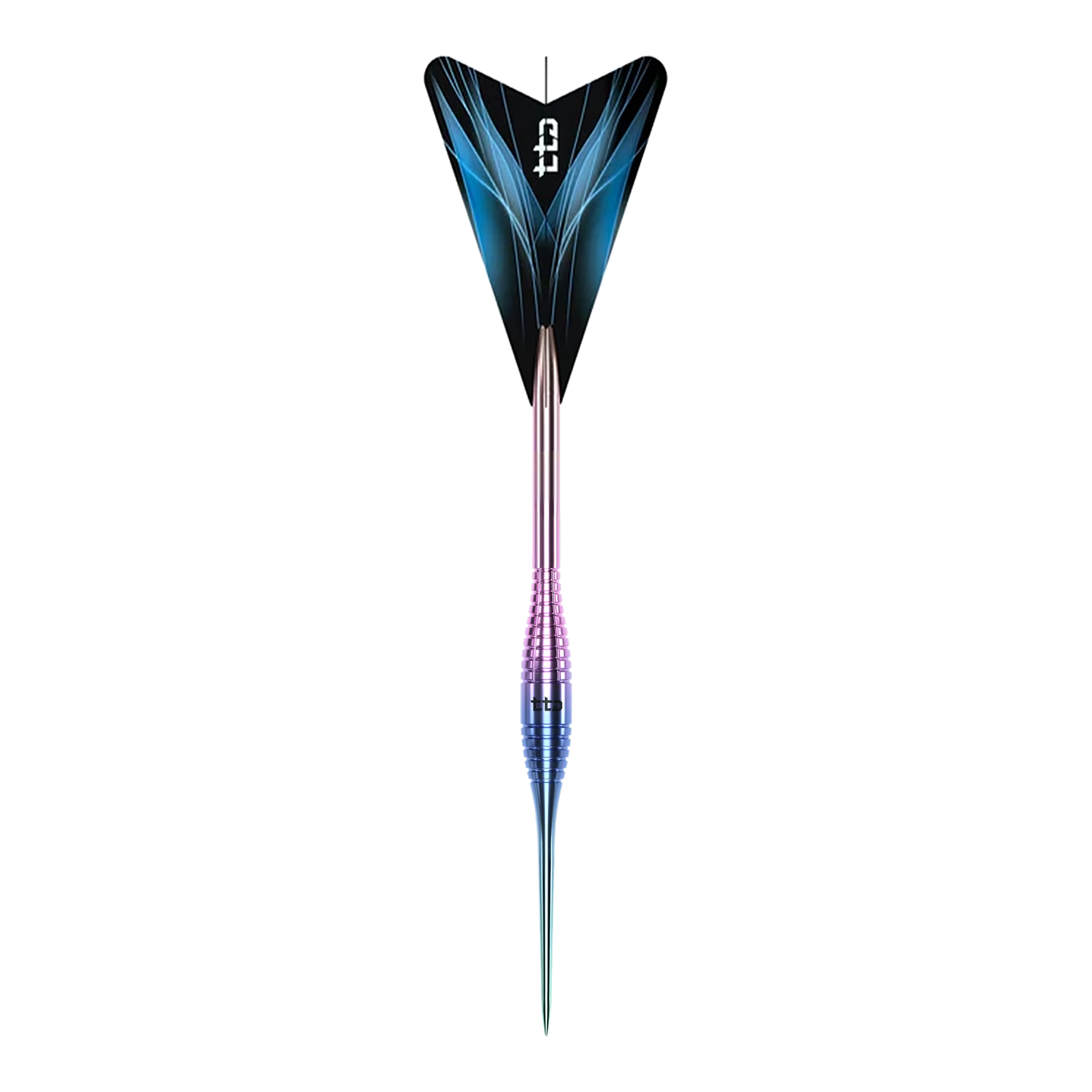 Caliburn TTD Complete Titanium T2 Rainbow Steeldarts - 6 g Das Bild zeigt die Caliburn TTD Complete Titanium T2 Rainbow Steeldarts mit einem Gewicht von 6g. Die Steeldarts haben ein auffälliges, regenbogenfarbenes Design.