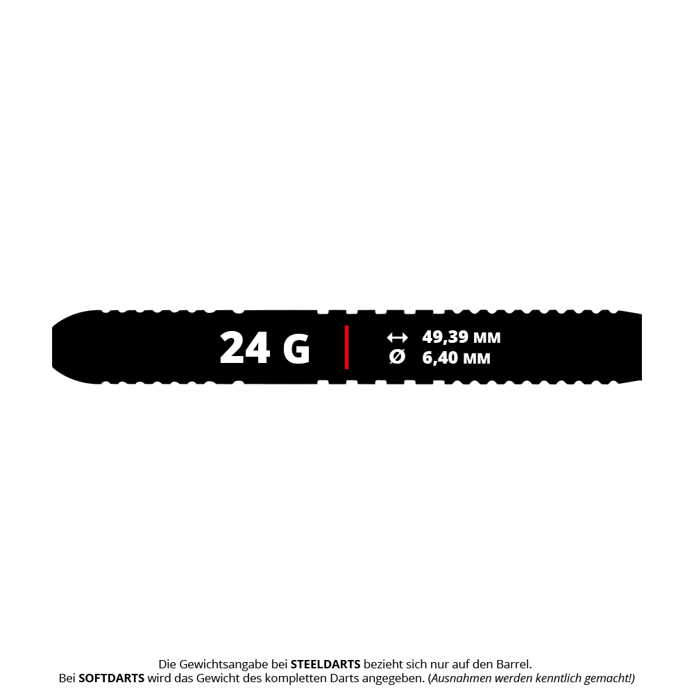 Das Bild zeigt die Winmau Team 360 Jack Johnson Steeldarts mit einem Gewicht von 24g. Es handelt sich um hochwertige Steeldarts für professionelle Dartspieler.