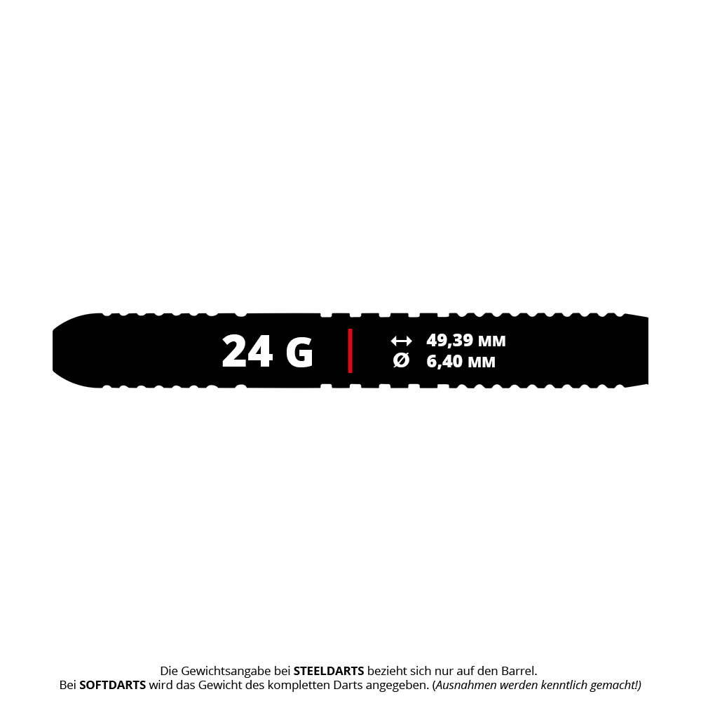 Fléchettes en acier Winmau Team 360 Jack Johnson - 24 g Das Bild zeigt die Winmau Team 360 Jack Johnson Steeldarts mit einem Gewicht von 24g. Es handelt sich um hochwertige Steeldarts für professionelle Dartspieler.