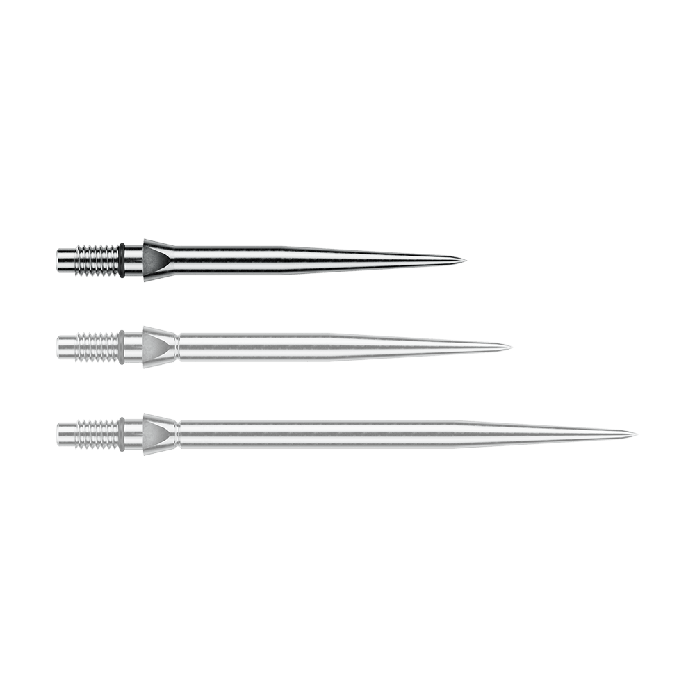 Pointes de fléchettes Winmau Switch Point en acier lisse - Effet argenté Das Bild zeigt eine silberne Steeldartspitze mit glattem Design. Die Länge beträgt vermutlich 26 mm.