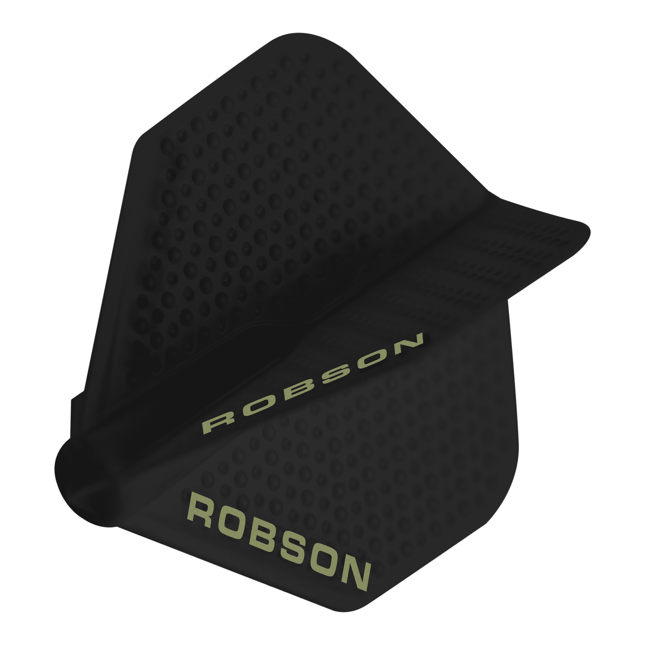 Volants Robson Plus Dimple - Noir Dies ist ein schwarzer Dartflight mit einer Dimple-Oberfläche. Auf dem Flight steht der Schriftzug „ROBSON“ in heller Farbe.