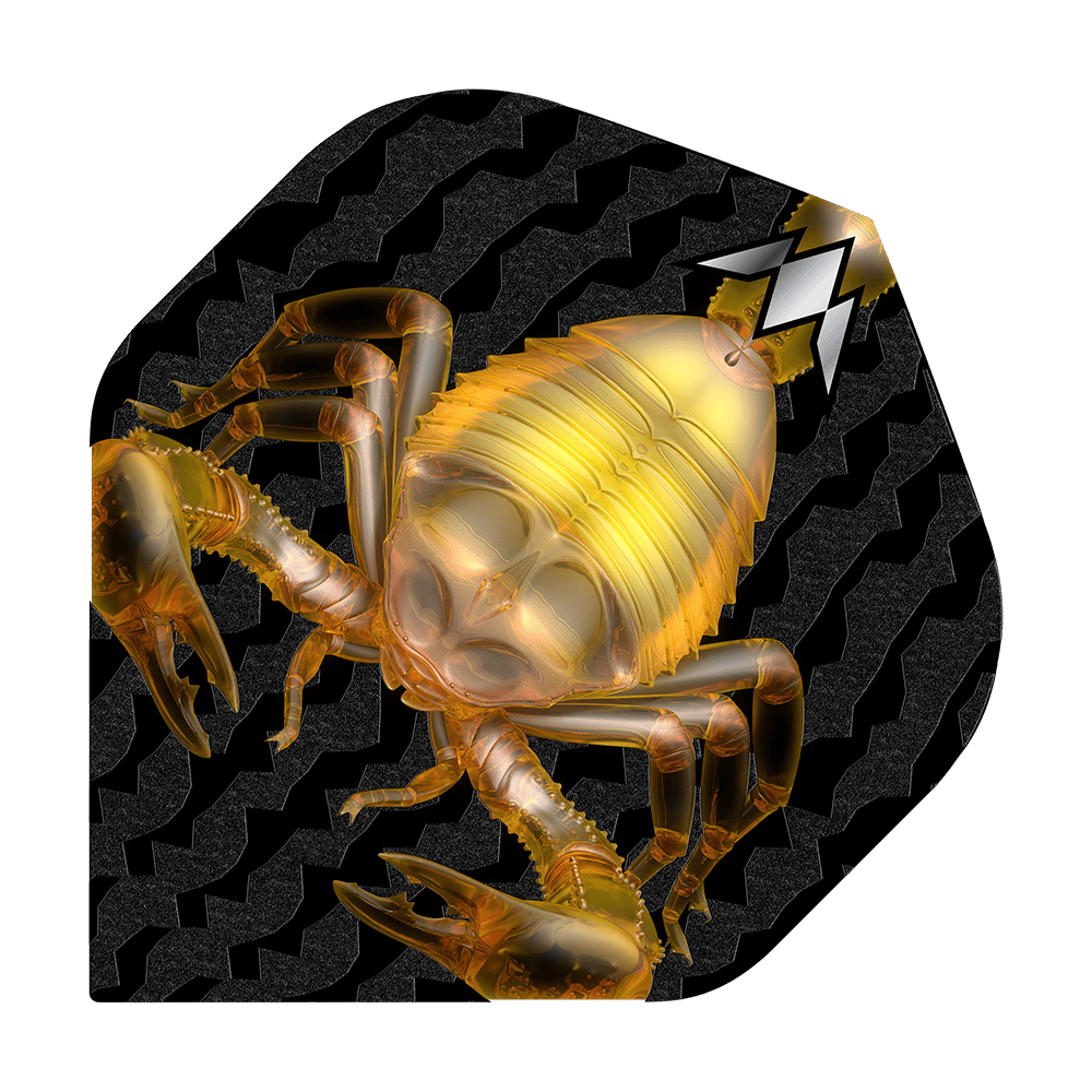 Mission Solo Scorpion n°2 Vols standards Das Bild zeigt das Produkt "Mission Solo Scorpion No2 Standard Flights" mit einer goldenen Skorpion-Grafik. Der Hintergrund ist schwarz mit einem wellenförmigen Muster.