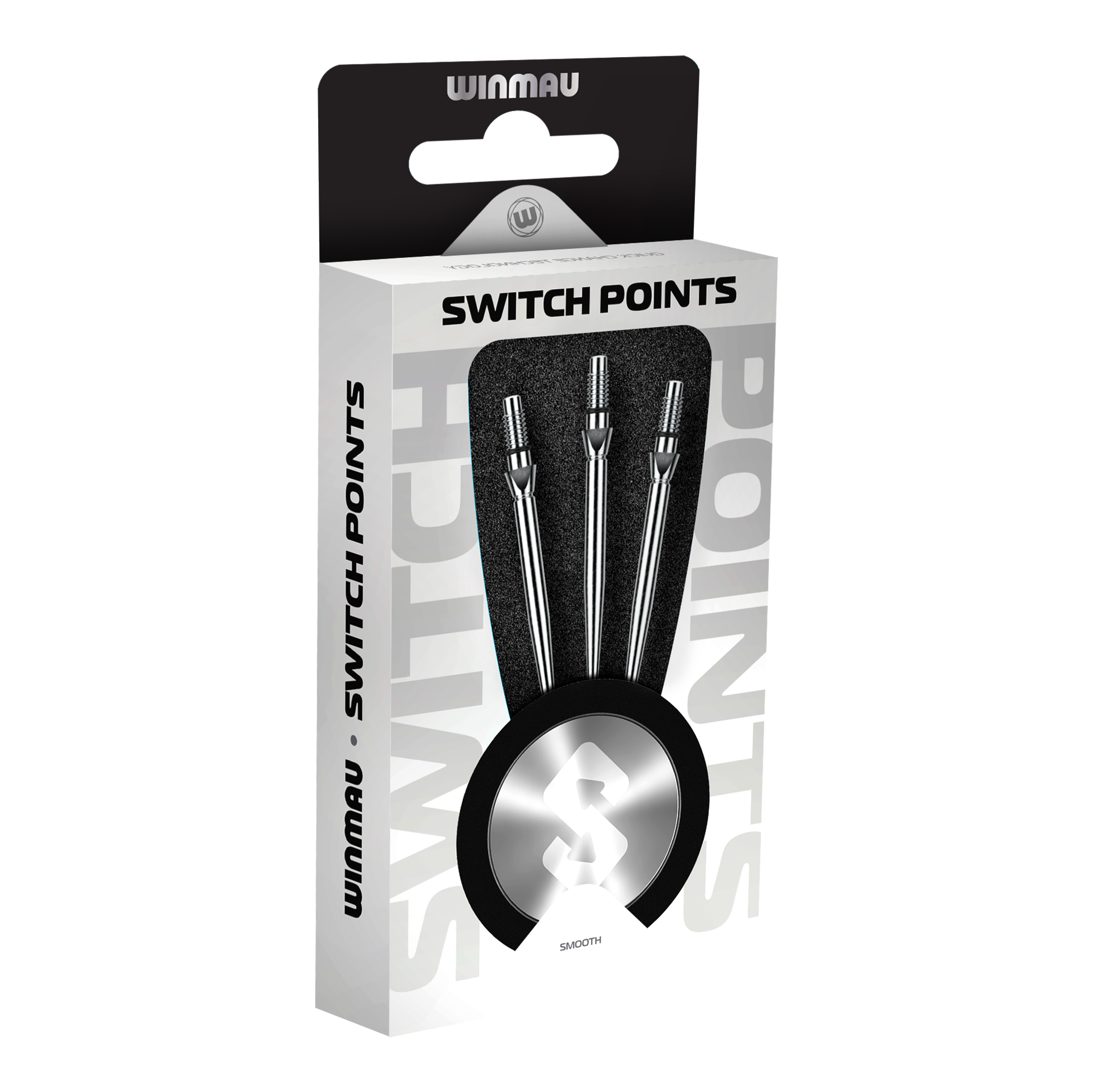 Abgebildet sind Winmau Switch Point Smooth Steeldartspitzen in Silver Effect. Diese glatten Dartspitzen sind silbern und für Steeldarts geeignet.