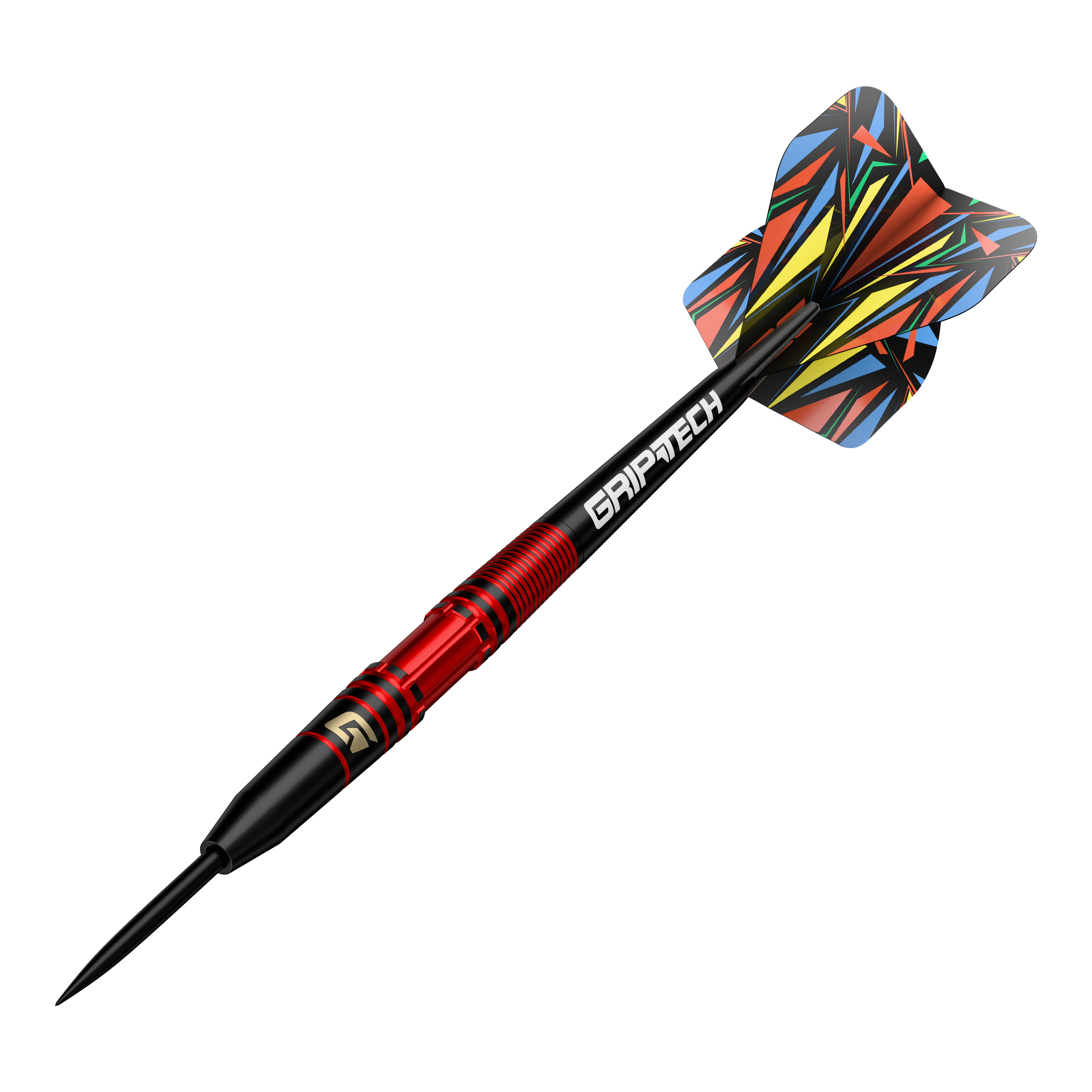 Dies ist der GOAT Athlete Red Brass Steeldart mit einem Gewicht von 11g. Er hat ein auffälliges, bunt gemustertes Flight-Design und einen roten Griffbereich.