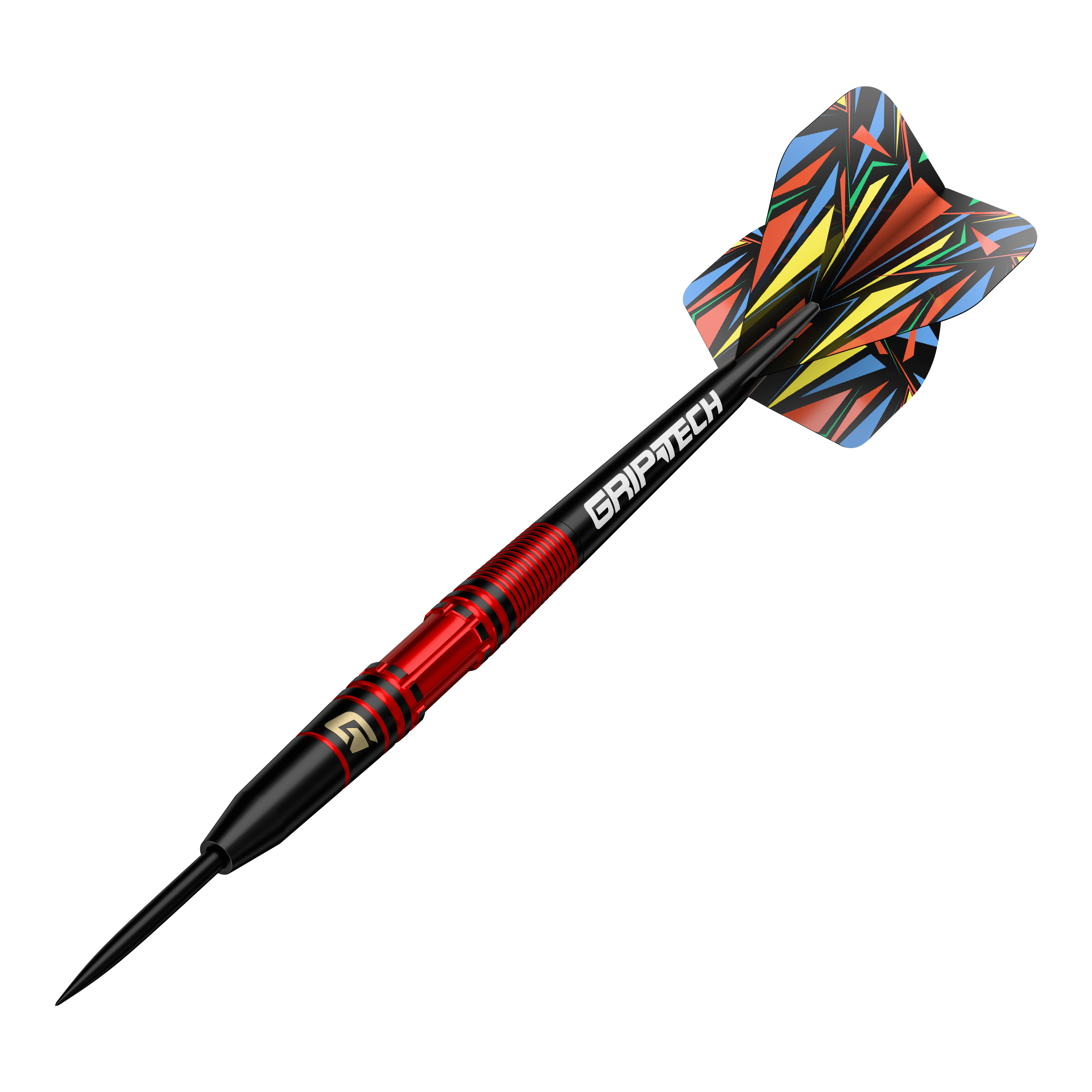 Fléchettes en acier GOAT Athlete en laiton rouge - 11 g Dies ist der GOAT Athlete Red Brass Steeldart mit einem Gewicht von 11g. Er hat ein auffälliges, bunt gemustertes Flight-Design und einen roten Griffbereich.