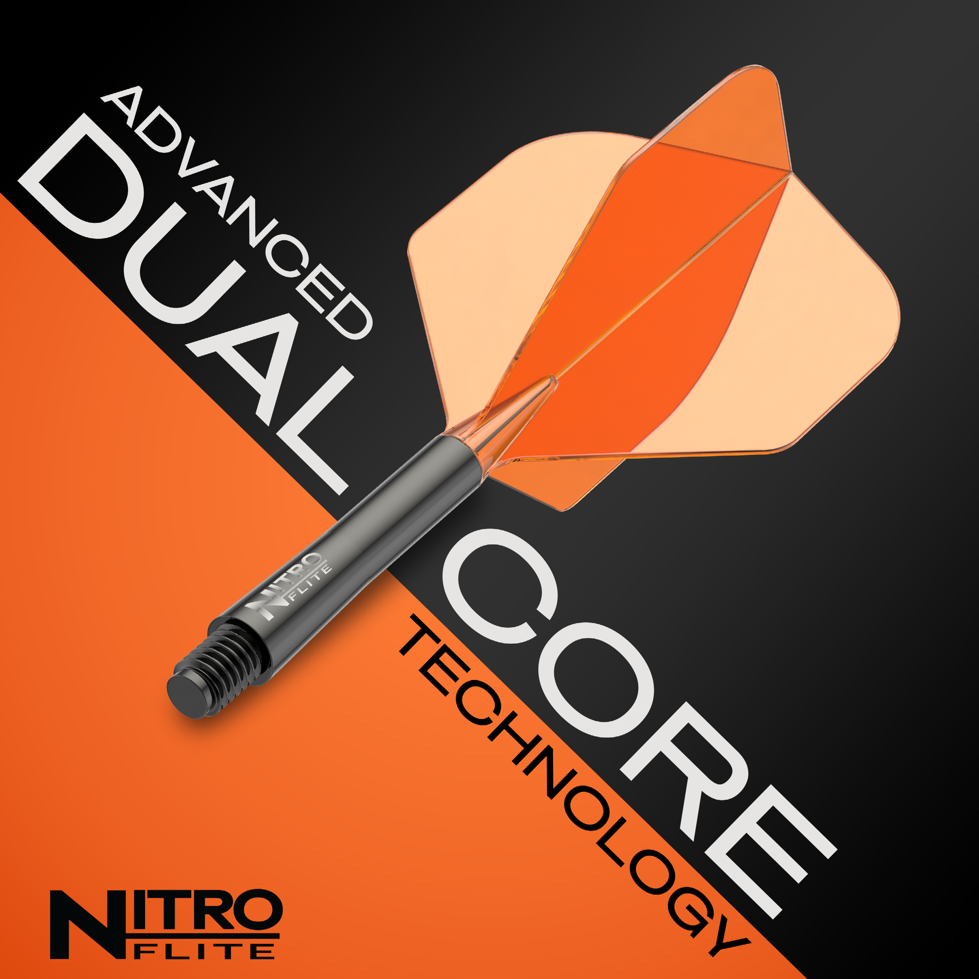 Red Dragon Nitroflite, tige noire, ailettes orange n° 2 Das Bild zeigt das Produkt Red Dragon Nitroflite Black Shaft Orange Flights No2. Der Dart besitzt einen schwarzen Schaft und auffällige orange Flights.