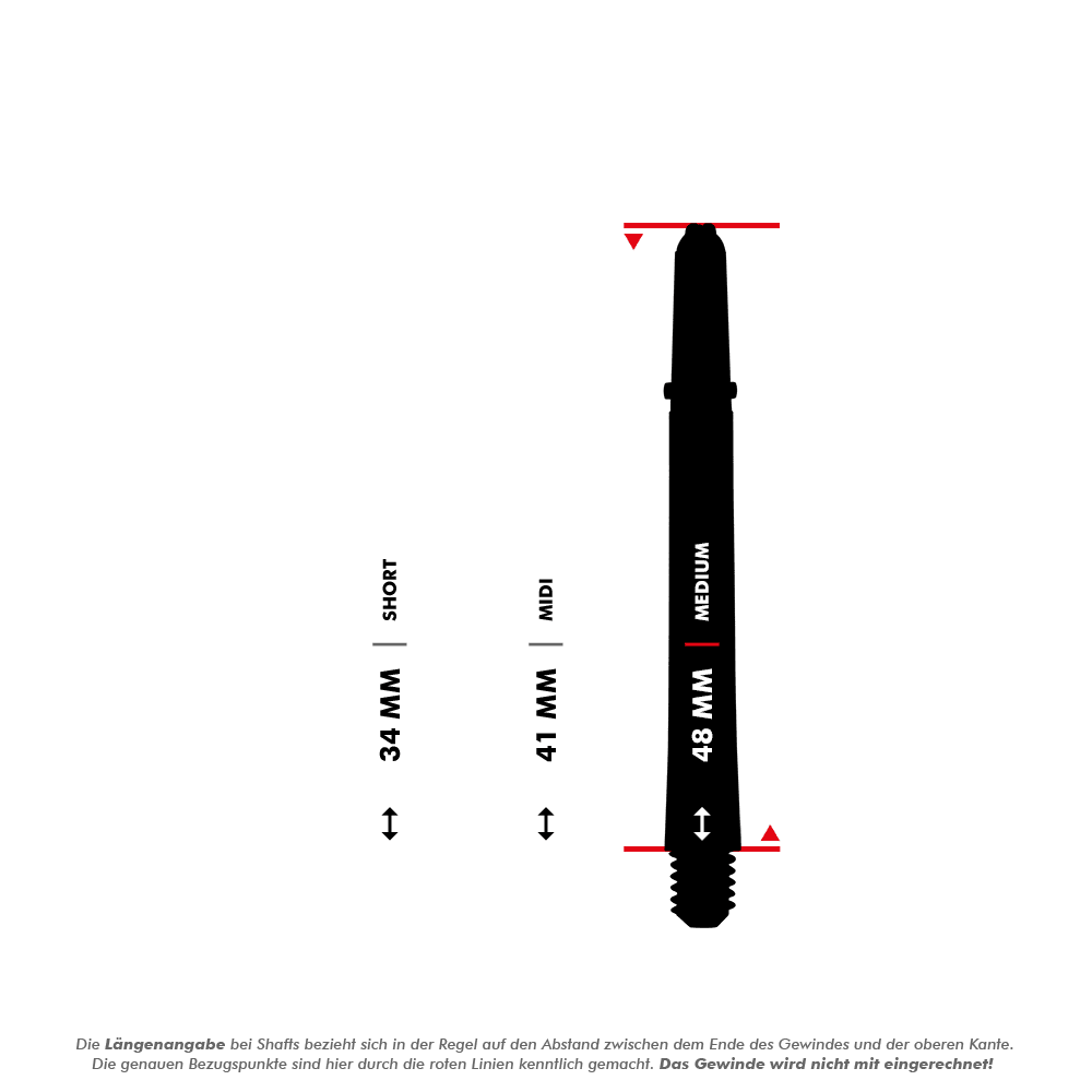 Harrows Dimplex Shafts - Schwarz Das Bild zeigt drei verschiedene Längen von Dart Shafts: Short (34 mm), Midi (41 mm) und Medium (48 mm). Die Maße beziehen sich auf den Abstand zwischen dem Ende des Gewindes und der oberen Kante, wobei das Gewinde nicht mit eingerechnet wird.
