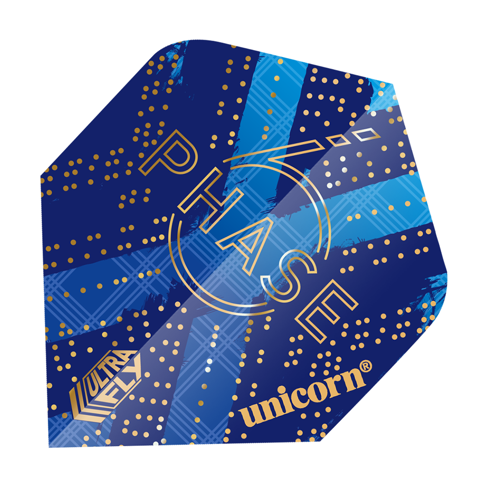 69451_Unicorn_World_Champion_Gary_Anderson_Phase_6_Plus_Flights_1 Das Bild zeigt ein Dart-Flight des Produkts "Unicorn Ultra Fly 100 Gary Anderson World Champion Phase 6 Plus". Das Design ist überwiegend blau mit goldenen Punkten und Schriftzügen.