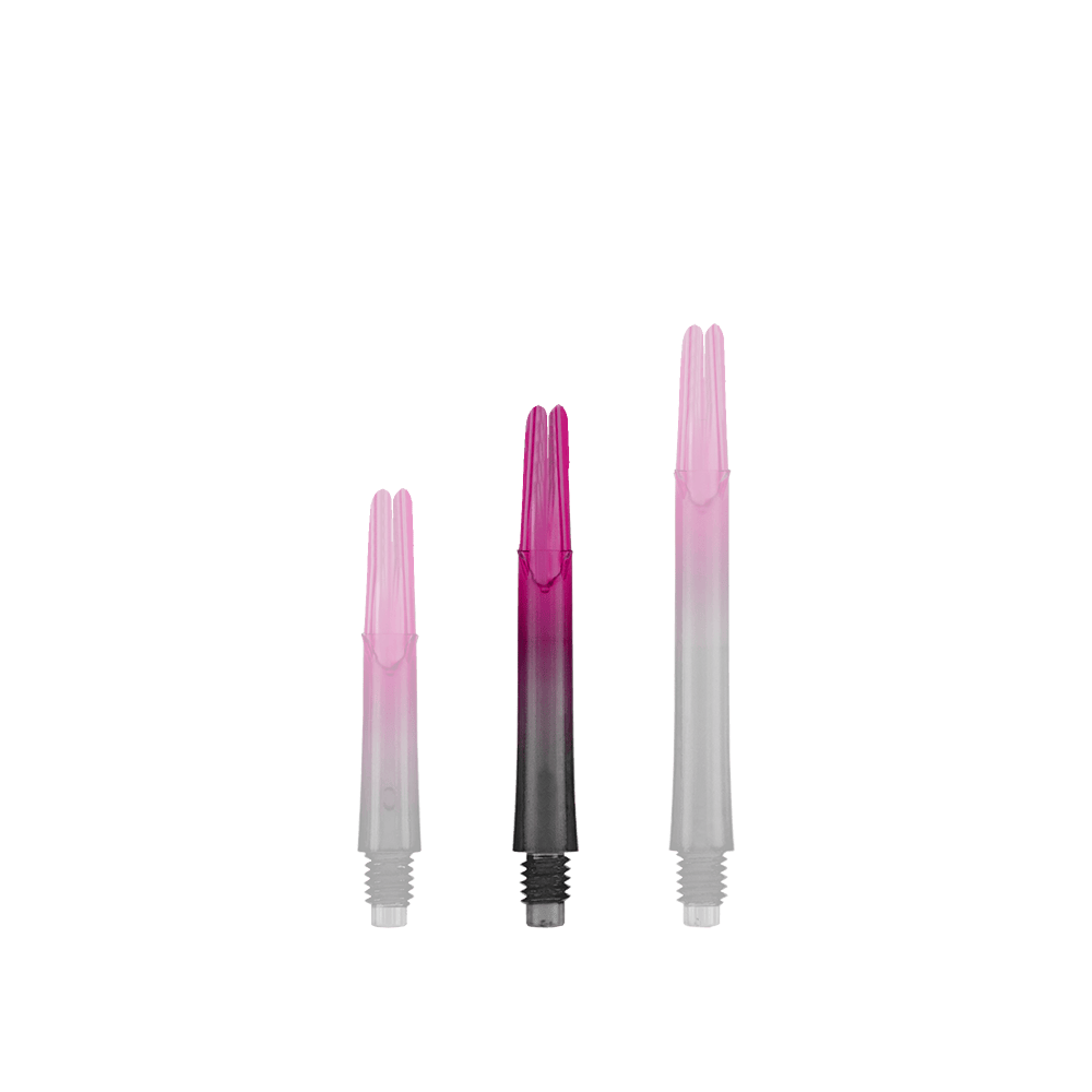 L-L-Style-Shaft Locked Straight Natural9 TwoTone Shafts - Rose Auf dem Bild sind drei unterschiedlich lange, zweifarbige Dartschäfte zu sehen. Sie sind unten schwarz und gehen nach oben in ein kräftiges Pink über.