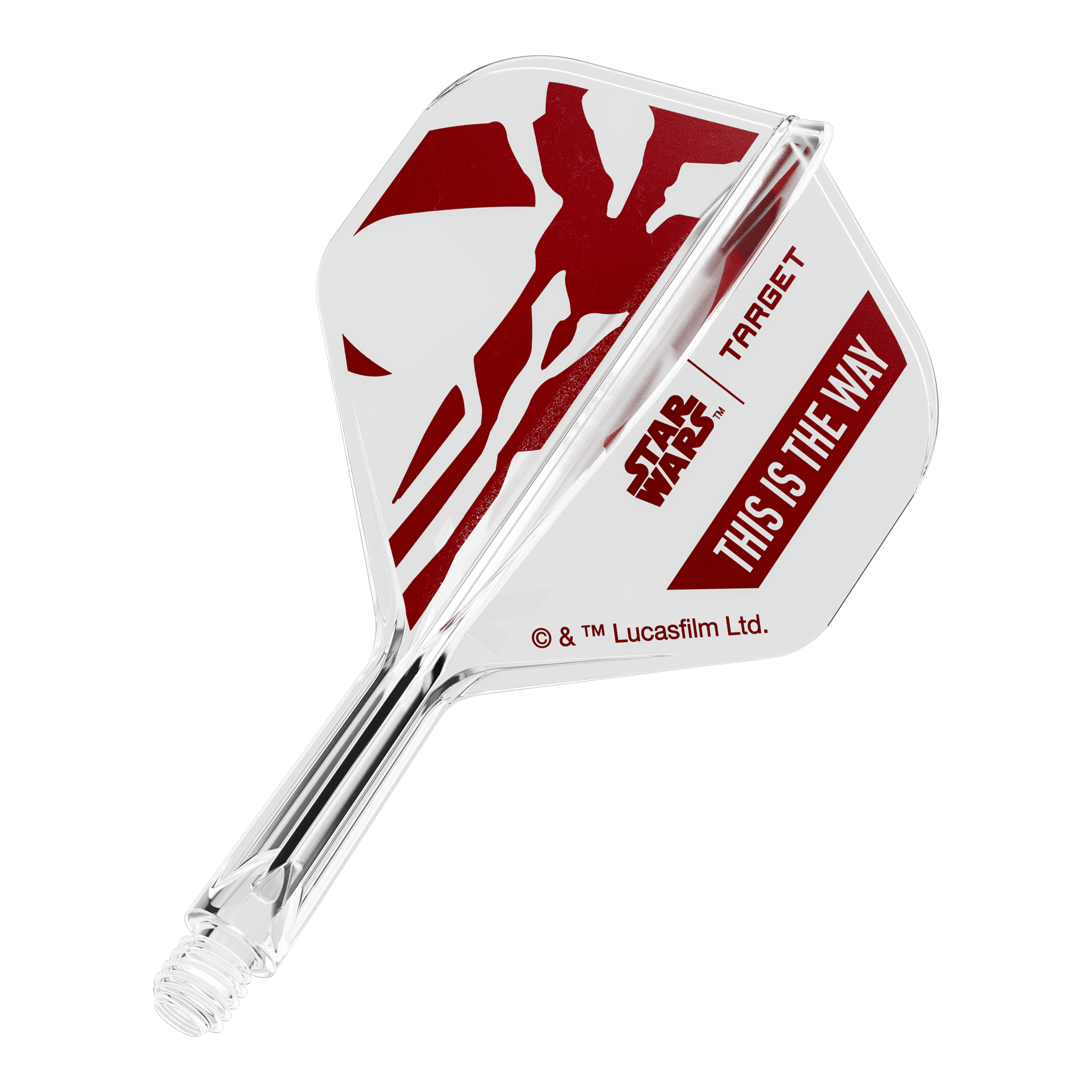 Abgebildet ist ein Flight für Darts, inspiriert von Star Wars. Es handelt sich um das Modell 'K-Flex This Is The Way No2 Standard Flights' mit 19mm Größe.