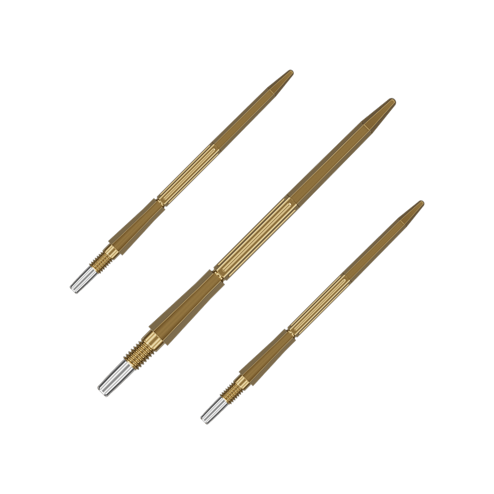 Dieses Bild zeigt Dartspitzen in Gold, 42 mm lang, aus der Target Elysian Archetype 43 SwissPoint Serie. Die Dartspitzen sind einzeln dargestellt.