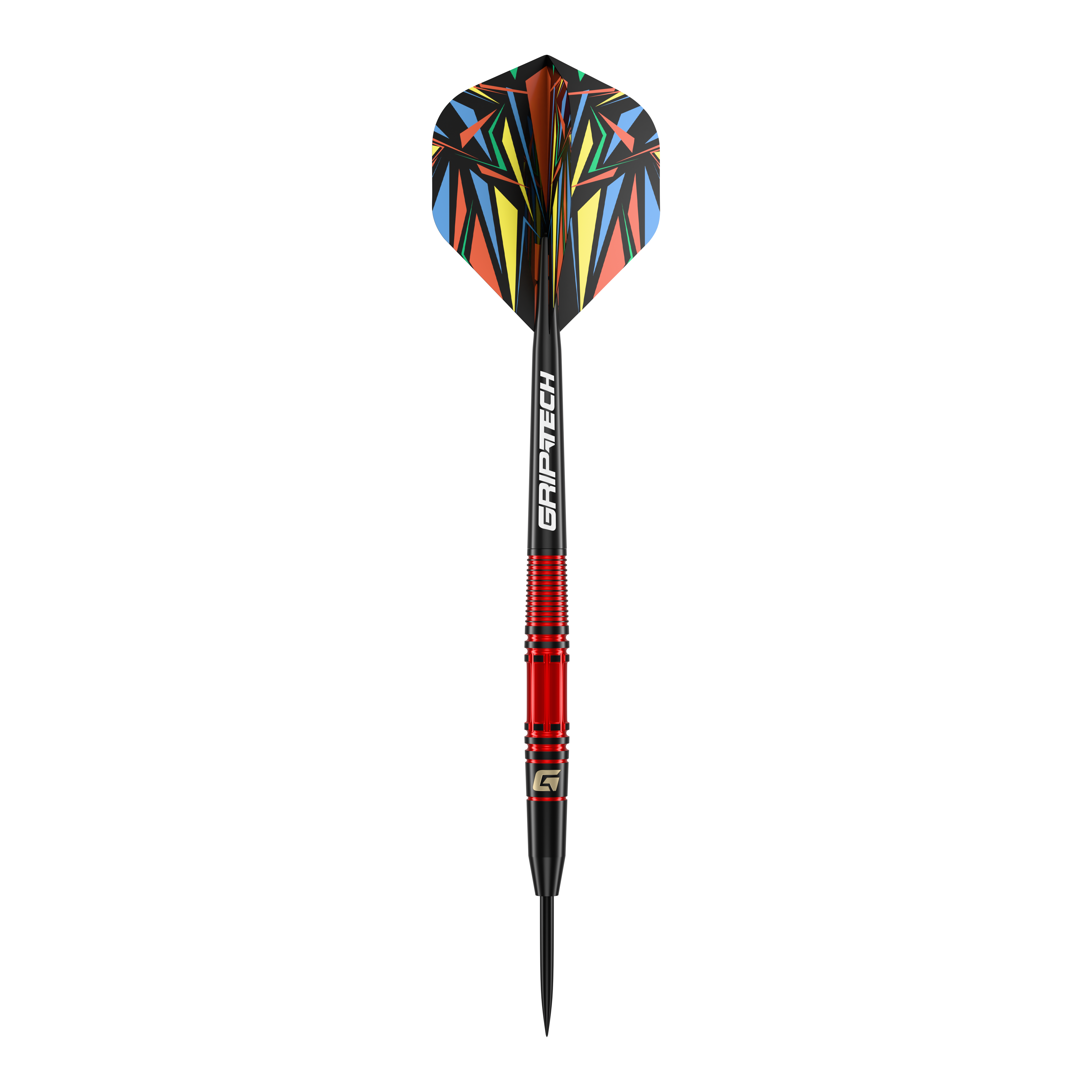 Das Bild zeigt einen GOAT Athlete Red Brass Steeldart mit einem Gewicht von 11g. Er hat einen roten Schaft und bunte Flights mit geometrischen Mustern.