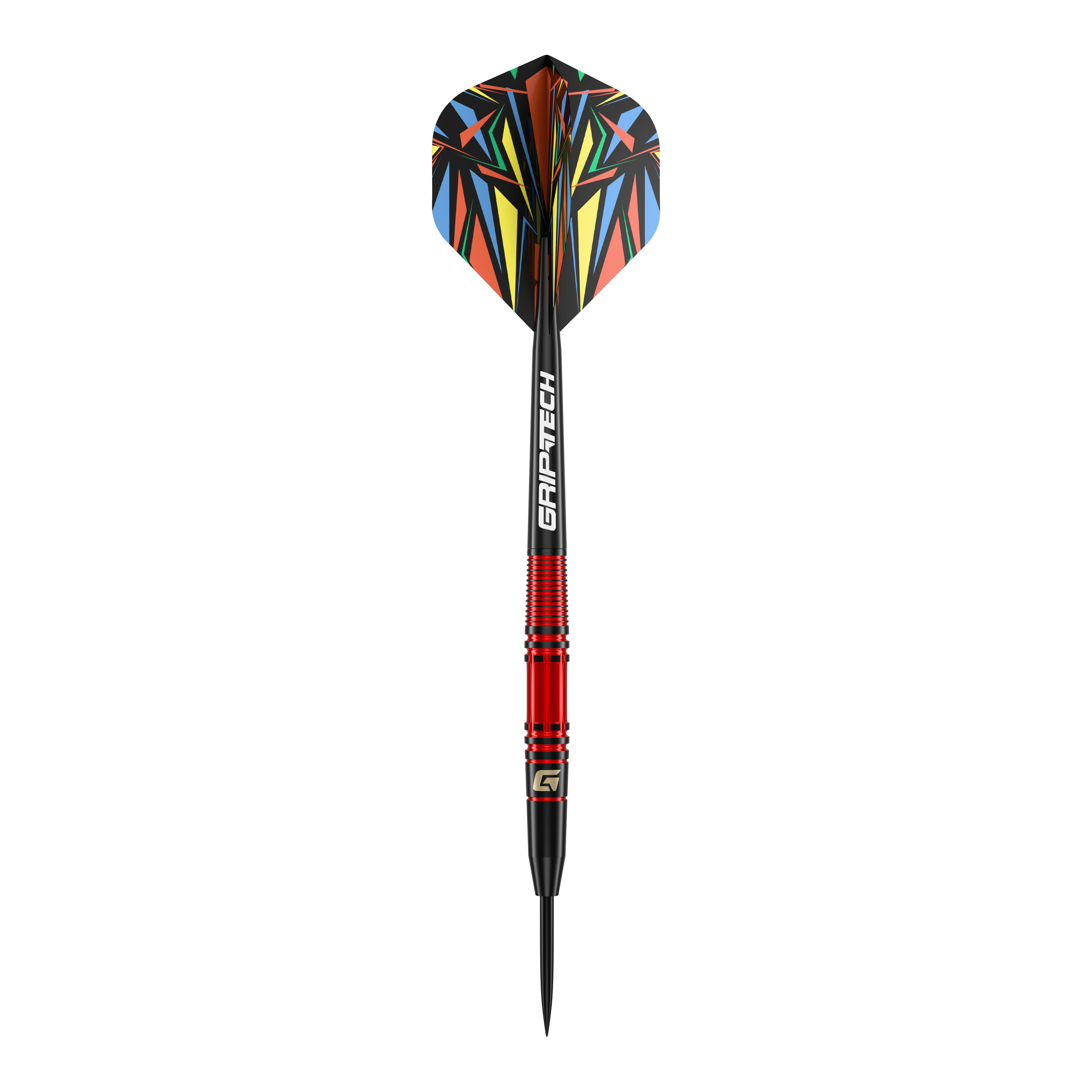 Fléchettes en acier GOAT Athlete en laiton rouge - 11 g Das Bild zeigt einen GOAT Athlete Red Brass Steeldart mit einem Gewicht von 11g. Er hat einen roten Schaft und bunte Flights mit geometrischen Mustern.