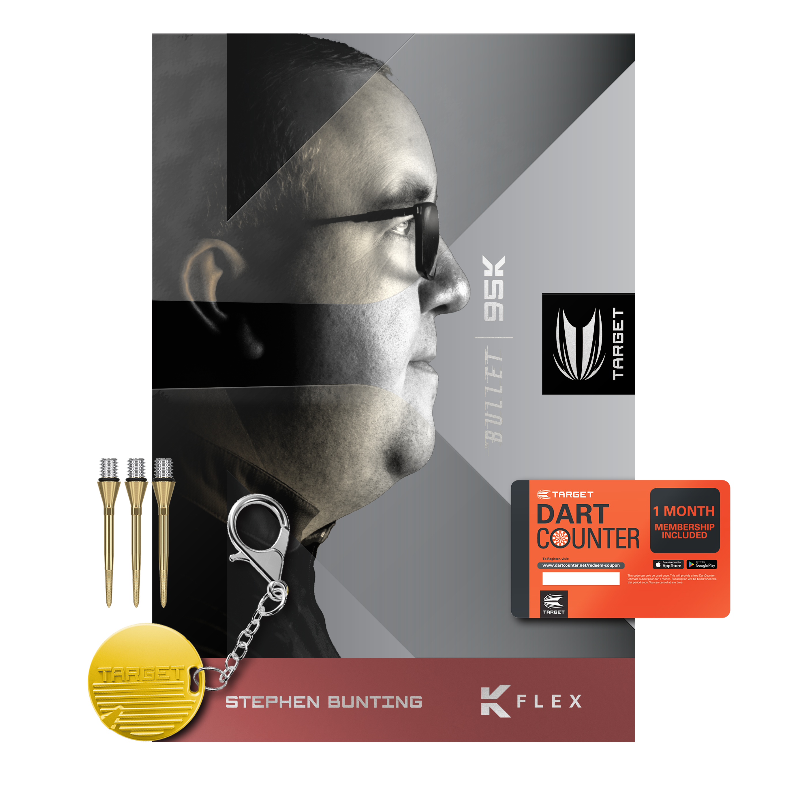 Fléchettes souples Target Stephen Bunting 95K - 19 g Das Bild zeigt das Produkt "Target Stephen Bunting 95K Softdarts - 19g" mit Zubehör wie Dartspitzen, Schlüsselanhänger und einer Dart Counter Karte. Im Hintergrund ist ein Porträt von Stephen Bunting zu sehen.