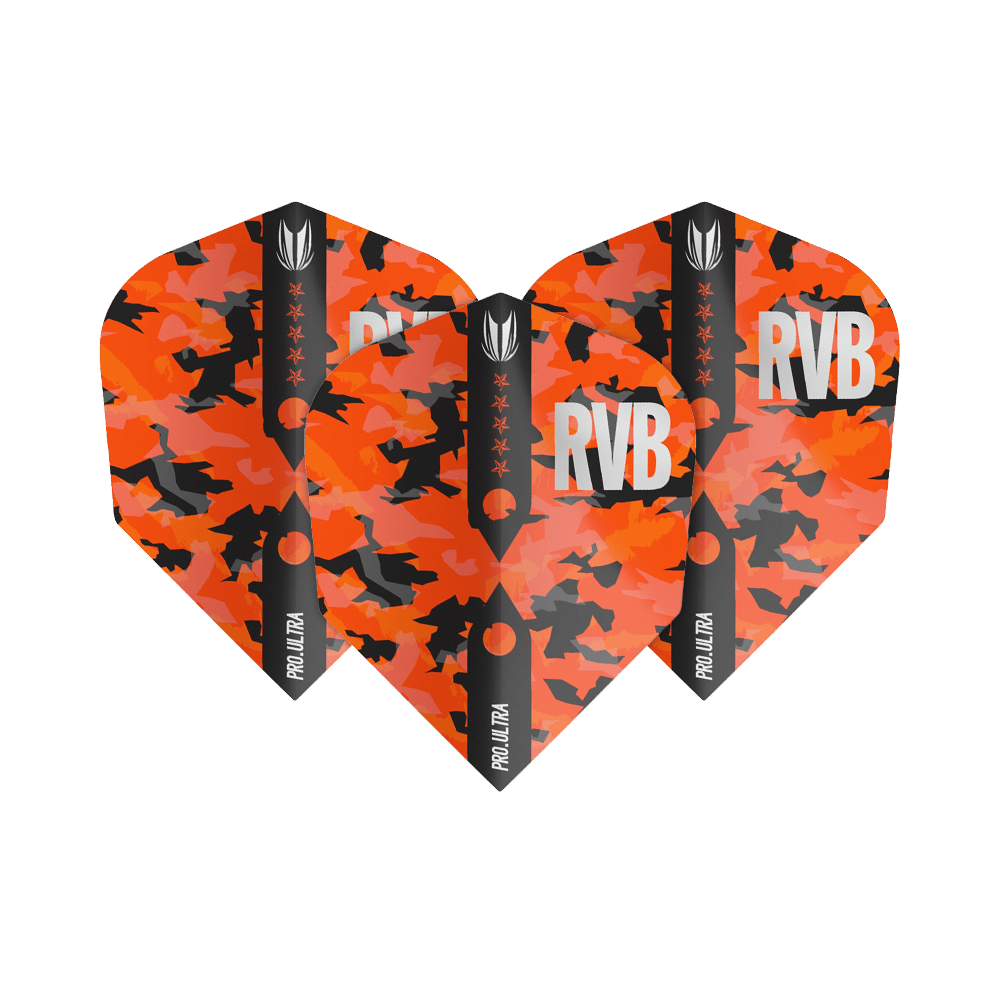 Die Abbildung zeigt die Target ProUltra Barney Army Camo Ten-X Flights mit einem auffälligen orange-schwarzen Camouflage-Muster. Auf den Flights steht groß "RVB" und seitlich ist "PRO ULTRA" zu lesen.