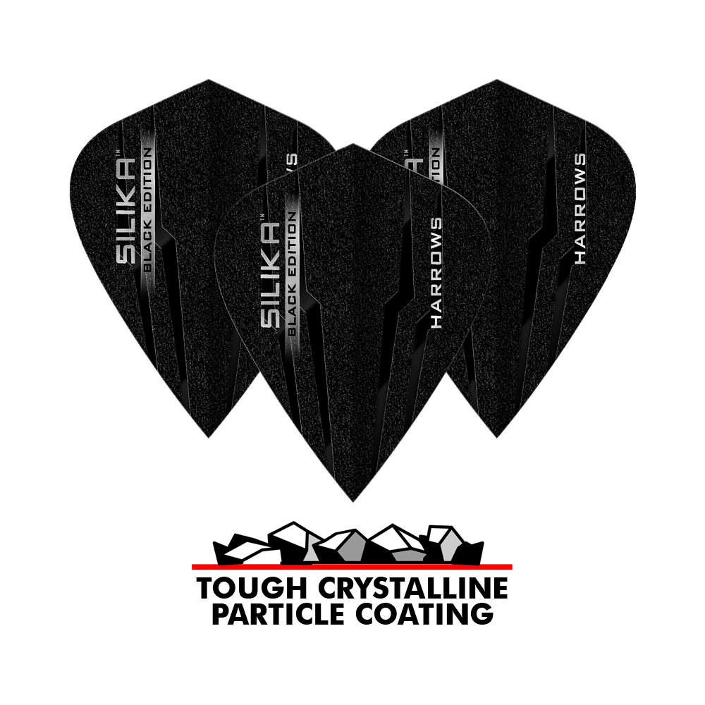 Vols de cerf-volant Harrows Silika Black Edition Das Bild zeigt drei schwarze Harrows Silika Black-Edition Kite Flights mit glänzender Beschriftung. Darunter steht „Tough Crystalline Particle Coating“ mit einer Grafik von Kristallen.